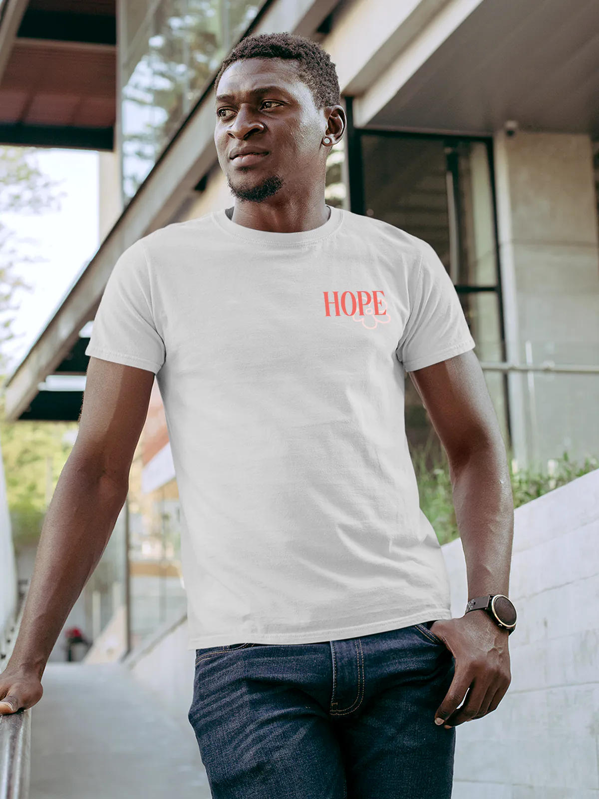 Front view of Fighterhero Men's White Round Neck T-shirt, highlighting the 'broken chains' design on the chest.