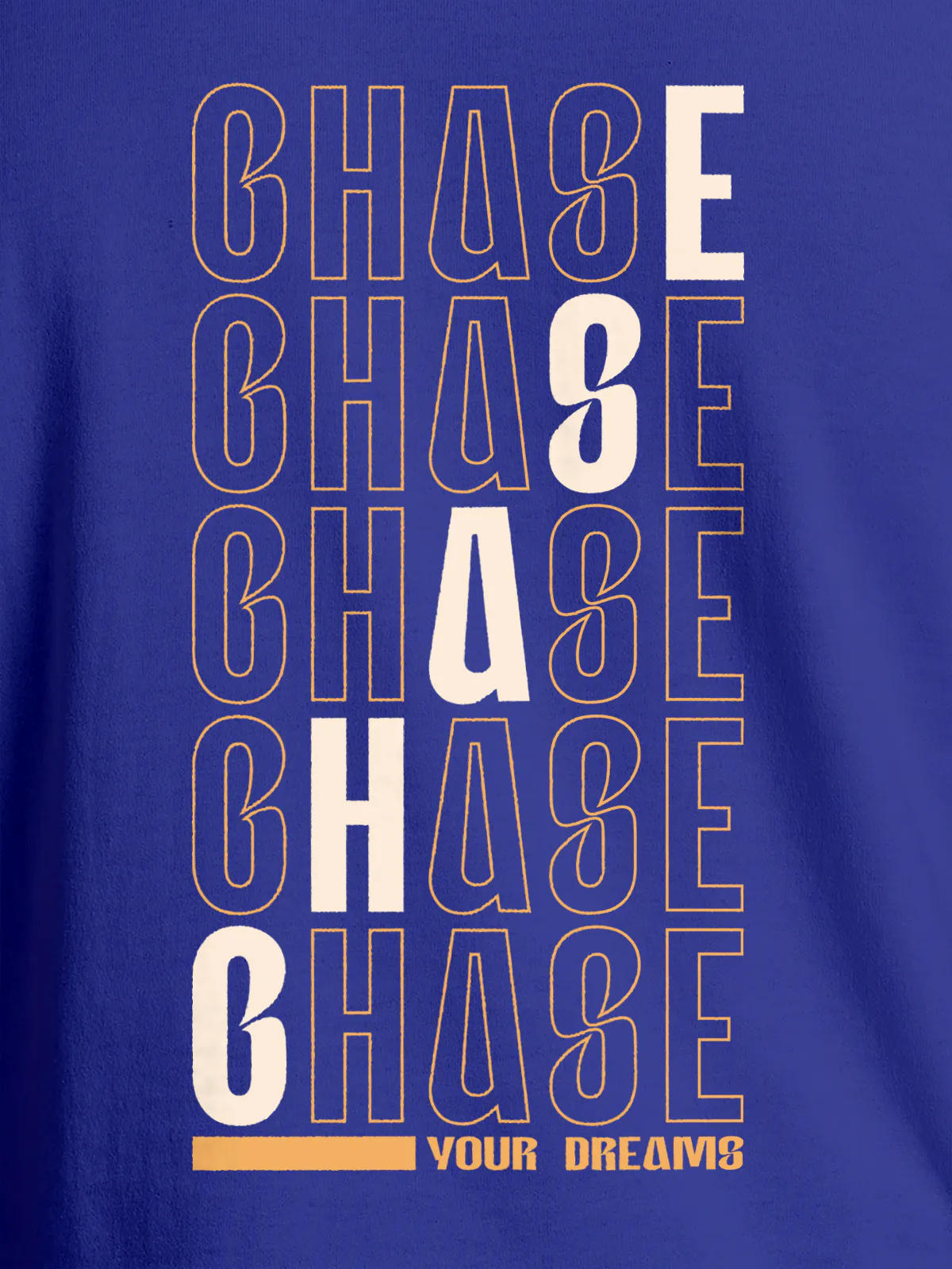 Close up of 'Chase Your Dreams' design on Men's Blue Round Neck T-shirt, highlighting intricate details and vibrant print.