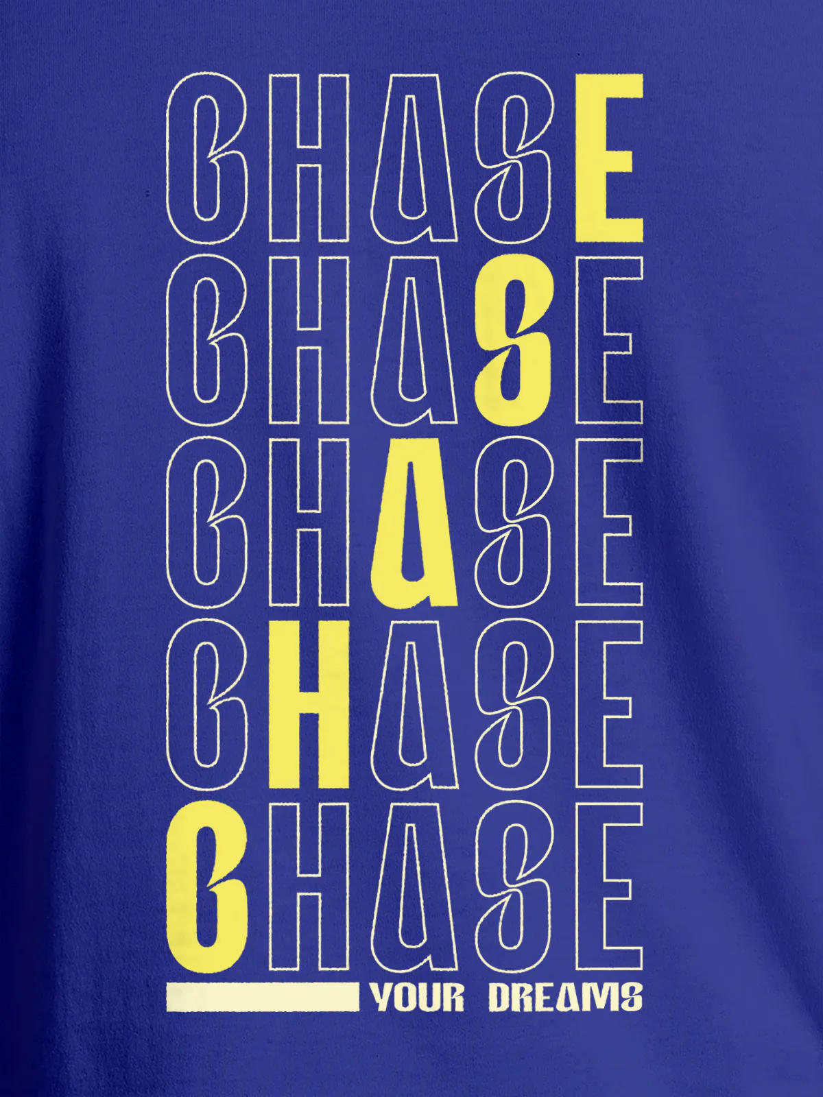 Close up of 'Chase Your Dreams' design on Men's Blue Round Neck T-shirt, highlighting intricate details and vibrant print.
