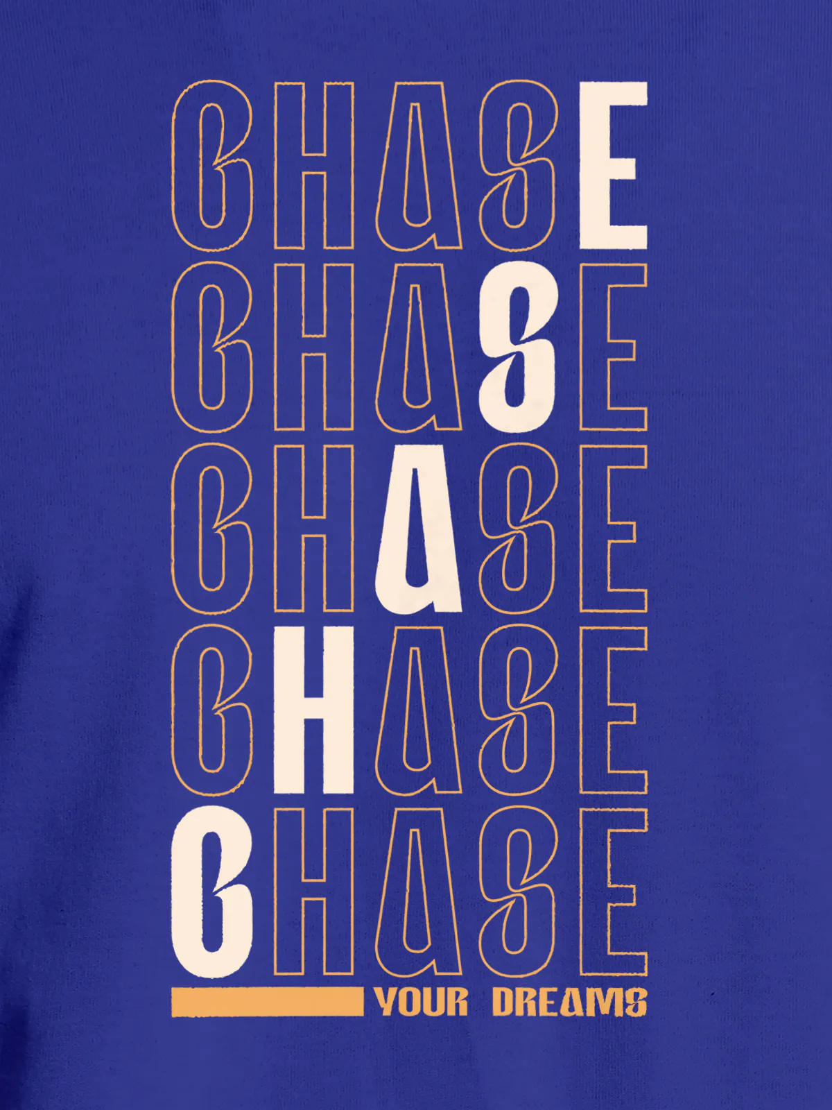 Close up of 'Chase Your Dreams' design on Women's Blue Round Neck T-shirt, highlighting intricate details and vibrant print.