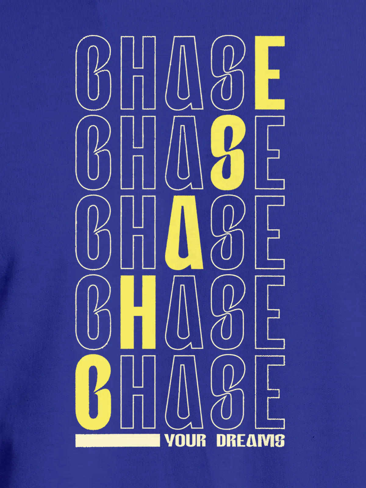Close up of 'Chase Your Dreams' design on Women's Blue Round Neck T-shirt, highlighting intricate details and vibrant print.