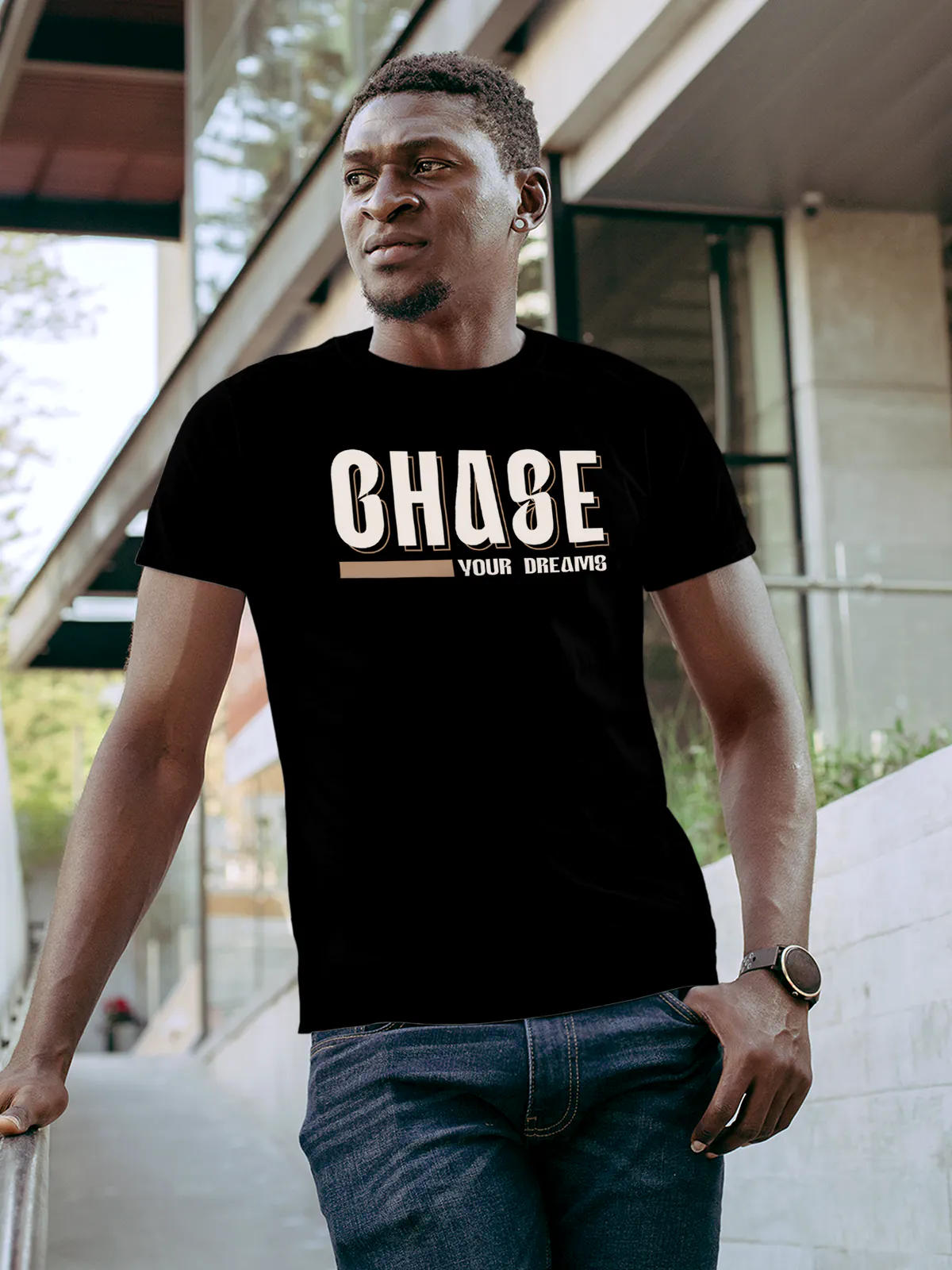 Front view of Fighterhero Men's Black Round Neck T-shirt, highlighting the 'broken chains' design on the chest.