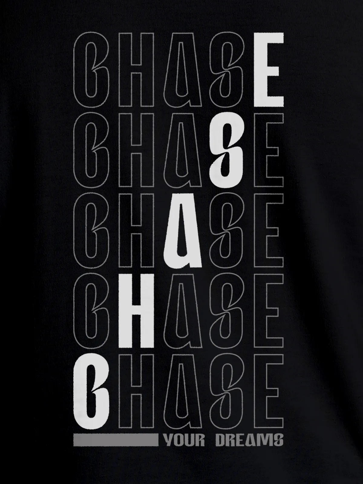 Close up of 'Chase Your Dreams' design on Men's Black Round Neck T-shirt, highlighting intricate details and vibrant print.