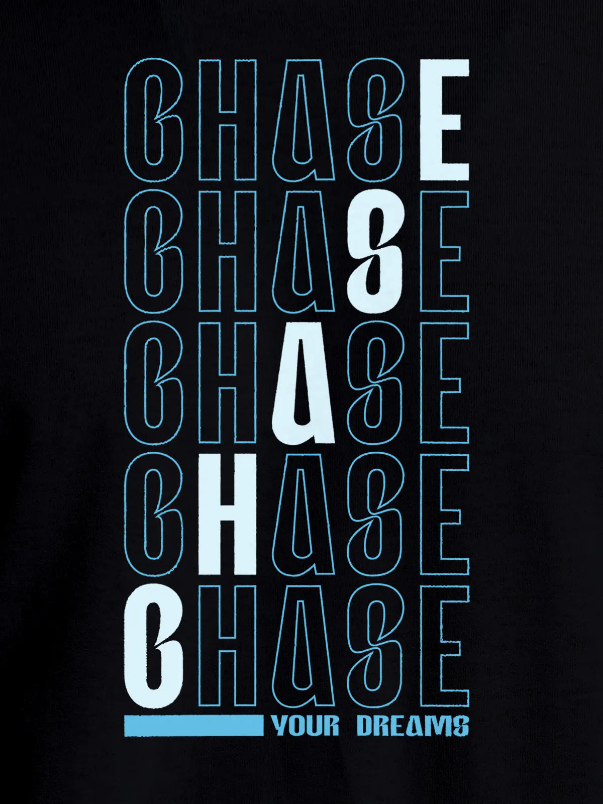 Close up of 'Chase Your Dreams' design on Women's Black Round Neck T-shirt, highlighting intricate details and vibrant print.
