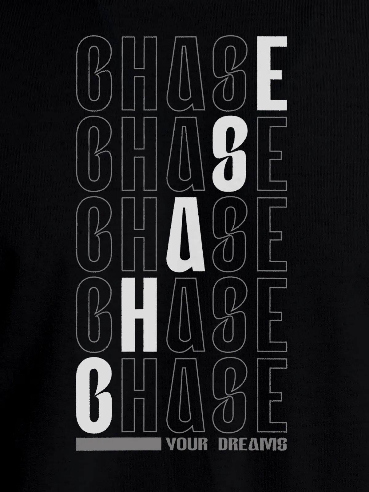 Close up of 'Chase Your Dreams' design on Women's Black Round Neck T-shirt, highlighting intricate details and vibrant print.