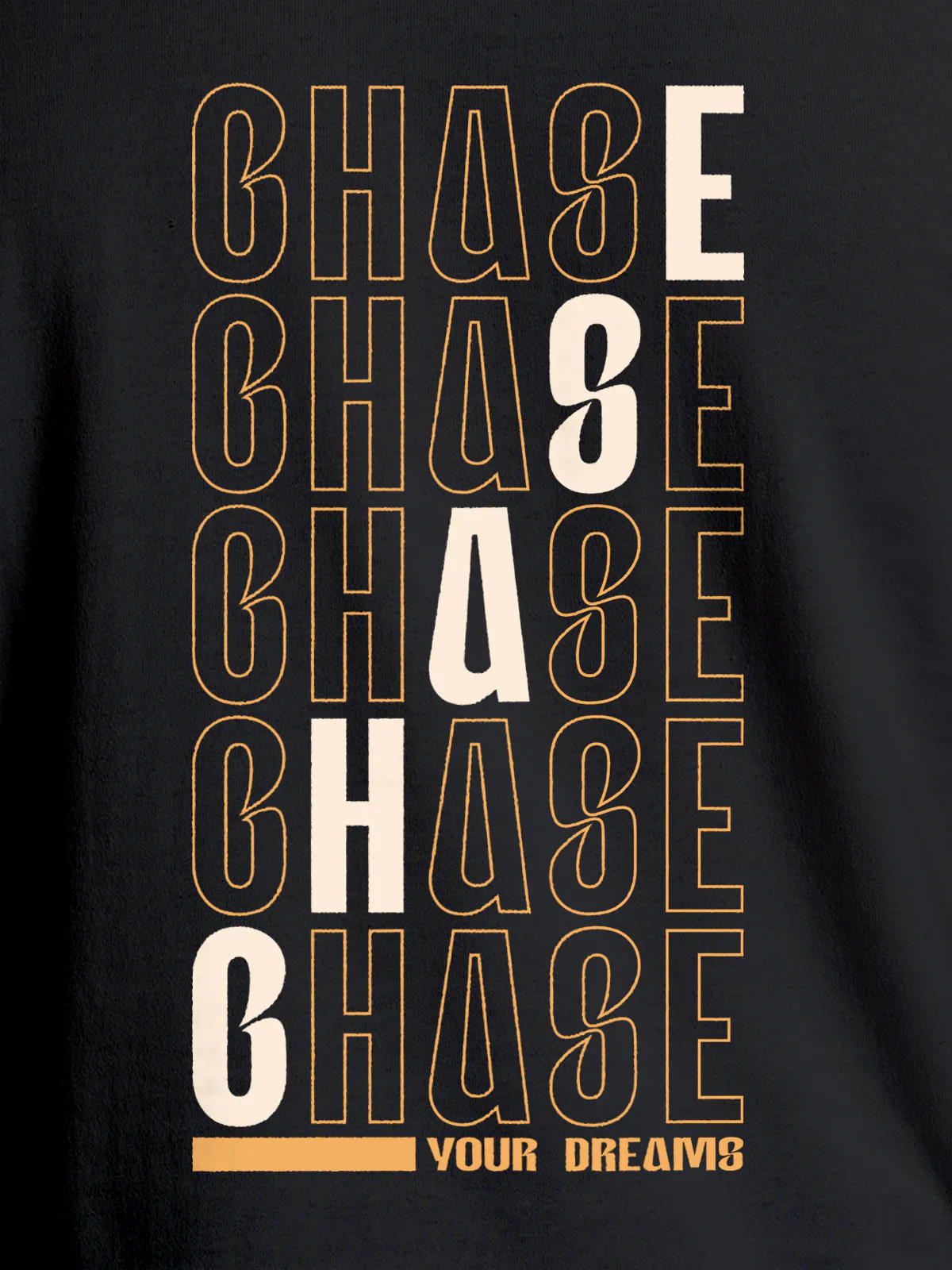 Close up of 'Chase Your Dreams' design on Men's Dark Grey Round Neck T-shirt, highlighting intricate details and vibrant print.