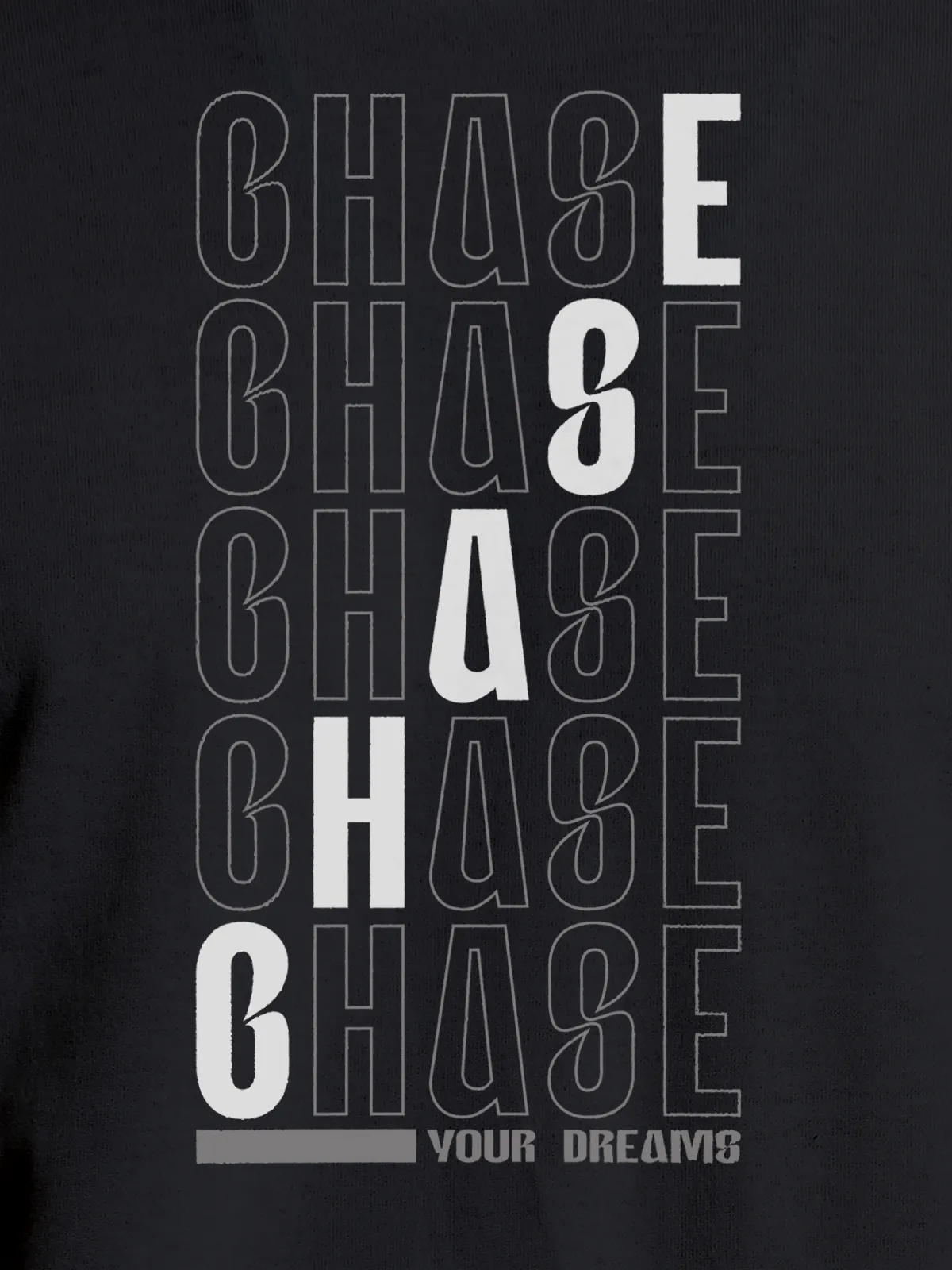 Close up of 'Chase Your Dreams' design on Women's Dark Grey Round Neck T-shirt, highlighting intricate details and vibrant print.