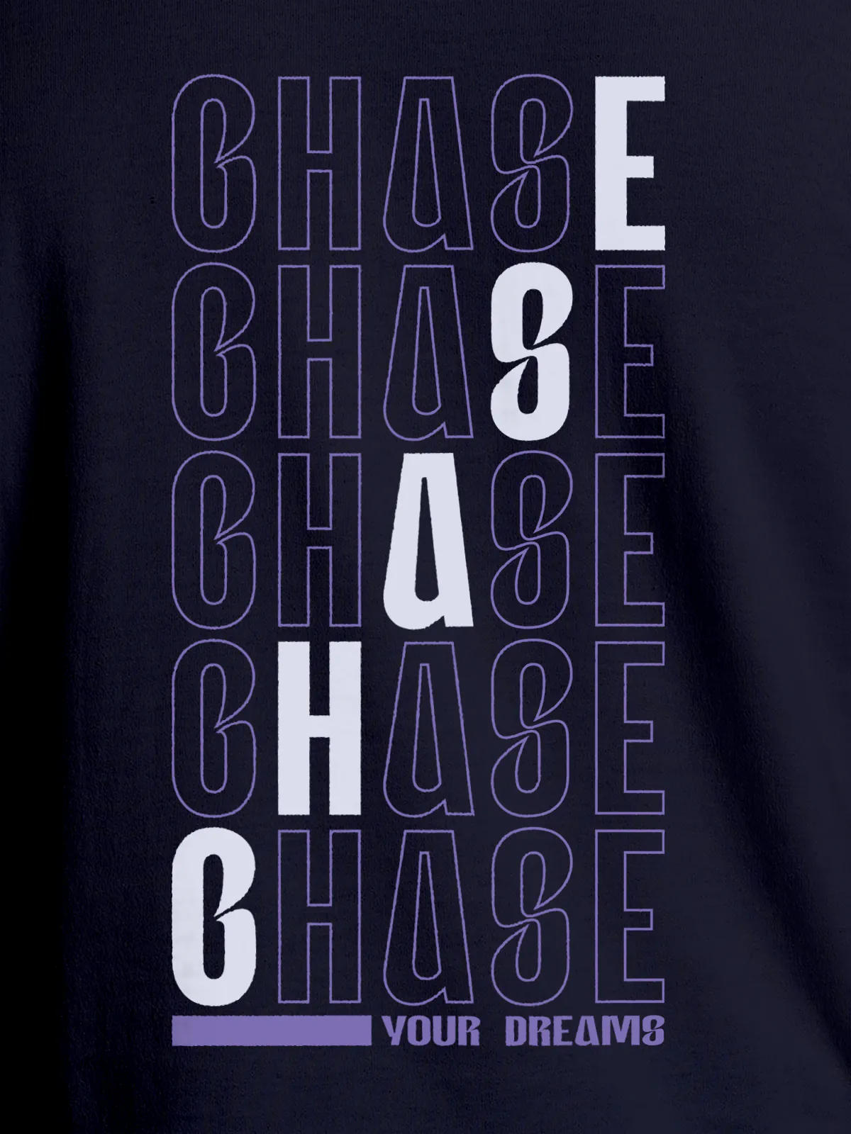Close up of 'Chase Your Dreams' design on Men's Navy Blue Round Neck T-shirt, highlighting intricate details and vibrant print.