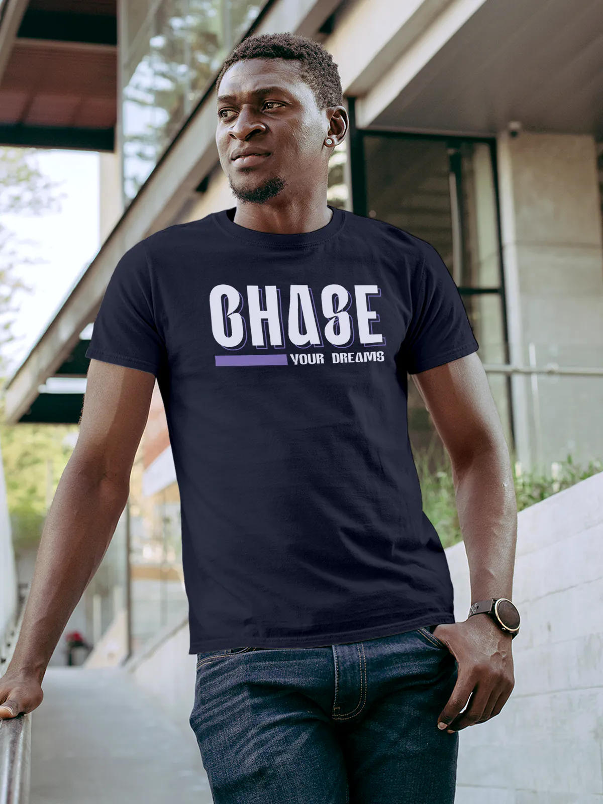Front view of Fighterhero Men's Navy Blue Round Neck T-shirt, highlighting the 'broken chains' design on the chest.