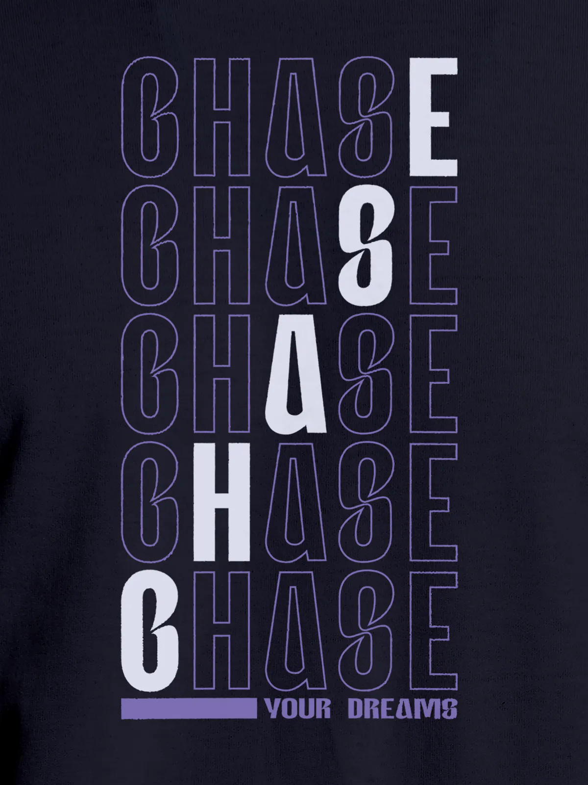 Close up of 'Chase Your Dreams' design on Women's Navy Blue Round Neck T-shirt, highlighting intricate details and vibrant print.