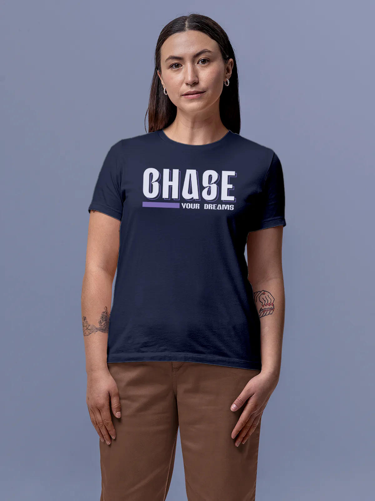 Front view of Fighterhero Women's Navy Blue Round Neck T-shirt, highlighting the 'broken chains' design on the chest.