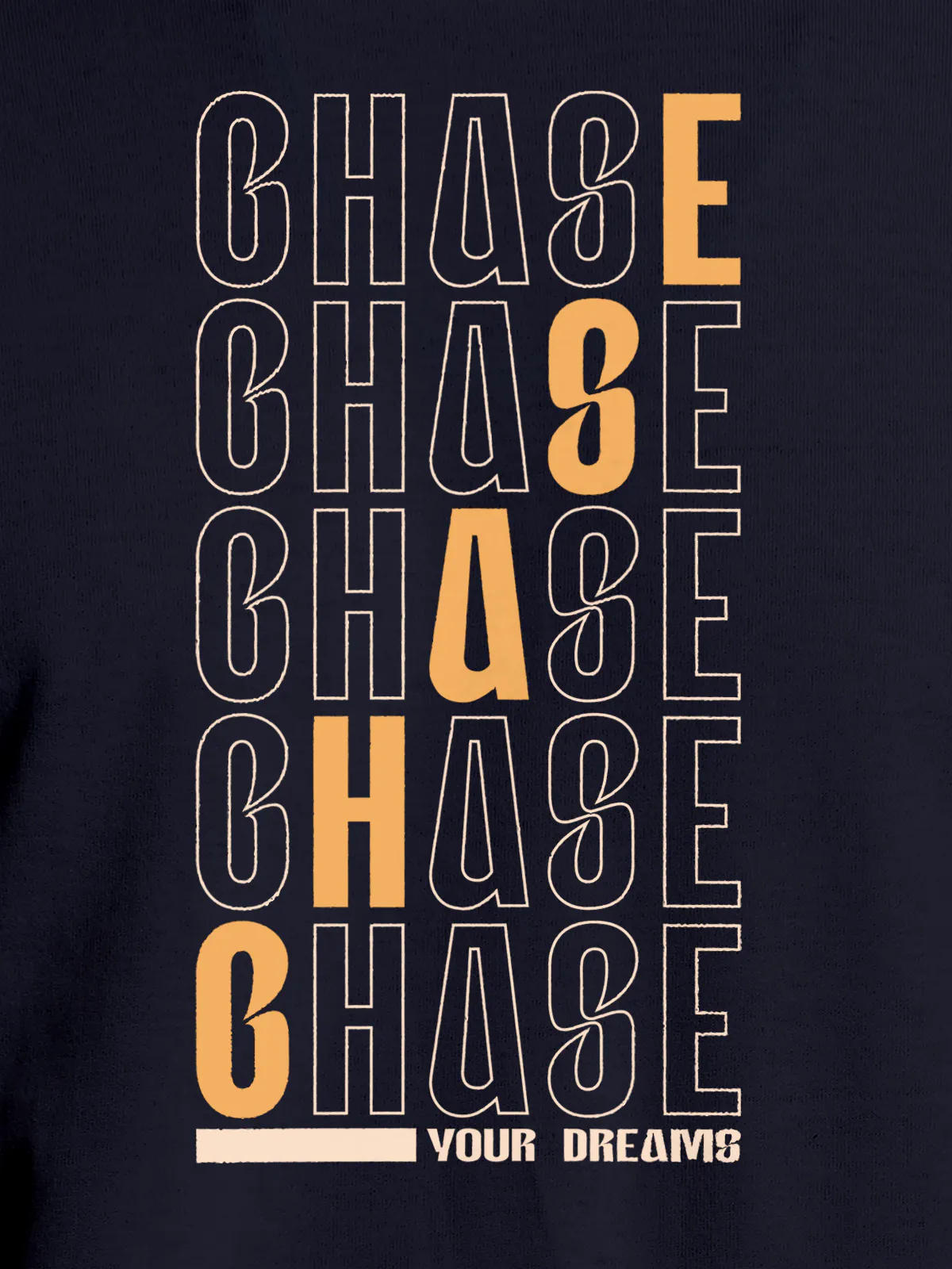 Close up of 'Chase Your Dreams' design on Women's Navy Blue Round Neck T-shirt, highlighting intricate details and vibrant print.