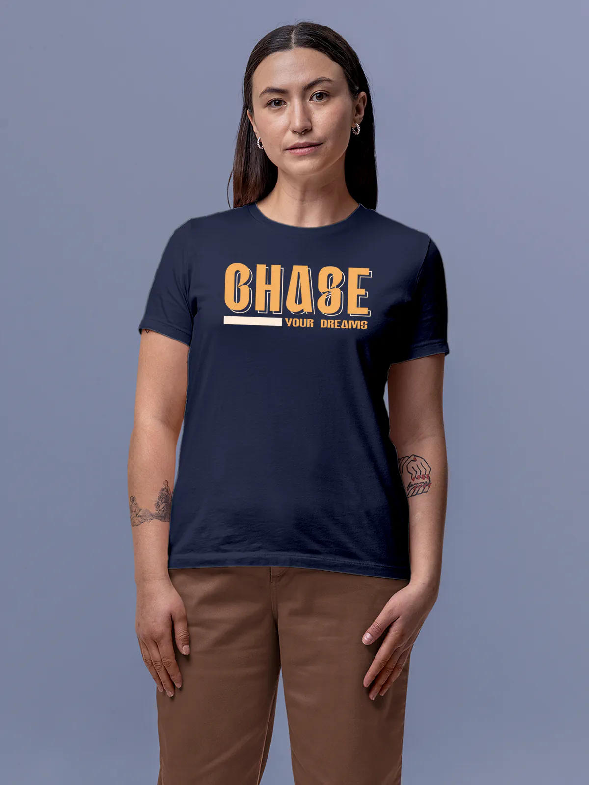 Front view of Fighterhero Women's Navy Blue Round Neck T-shirt, highlighting the 'broken chains' design on the chest.