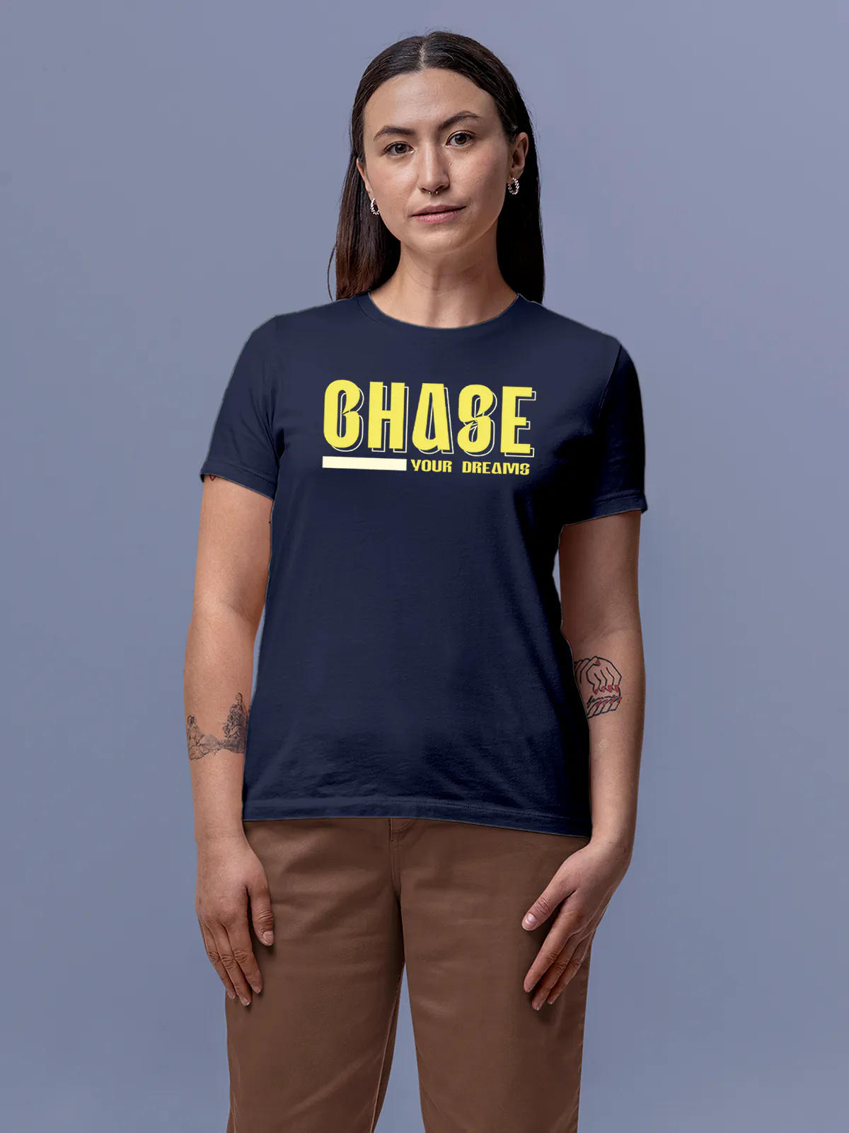 Front view of Fighterhero Women's Navy Blue Round Neck T-shirt, highlighting the 'broken chains' design on the chest.
