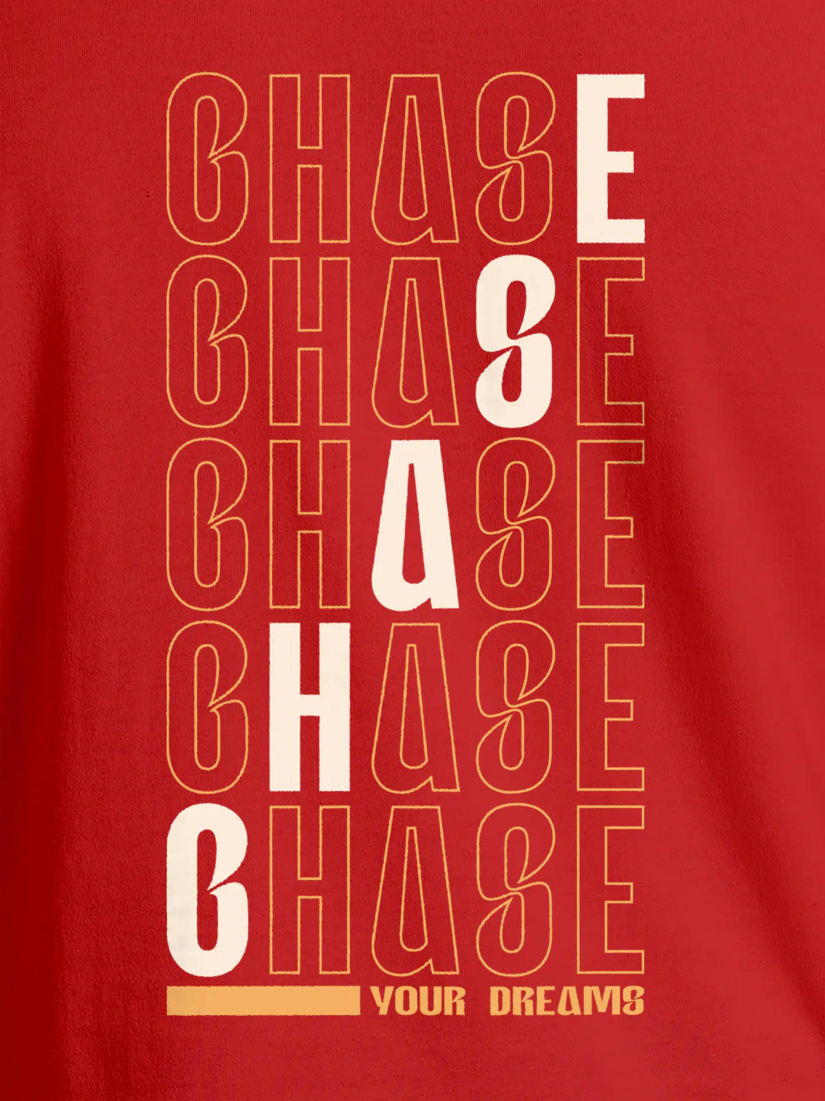 Close up of 'Chase Your Dreams' design on Men's Red Round Neck T-shirt, highlighting intricate details and vibrant print.