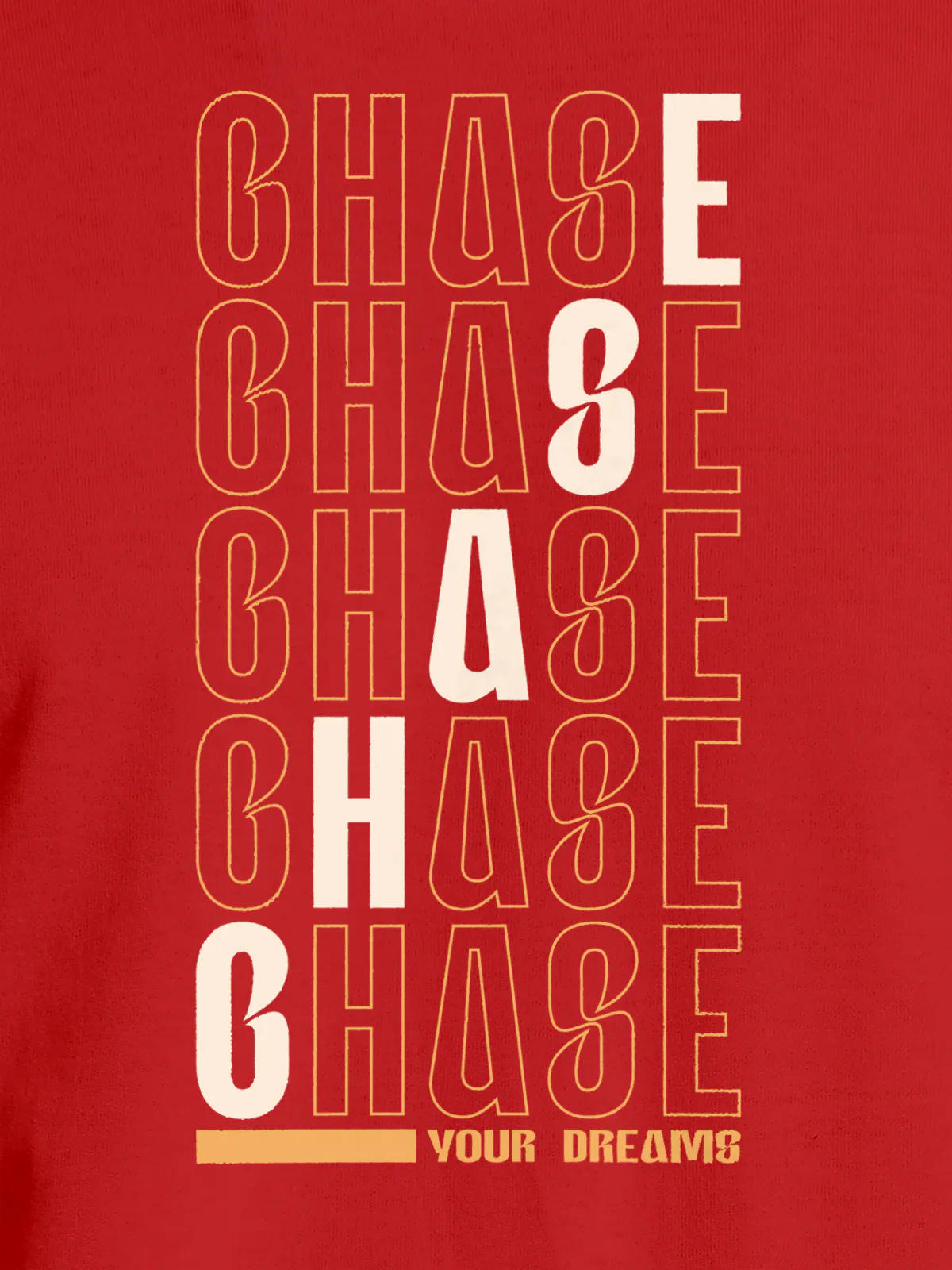Close up of 'Chase Your Dreams' design on Women's Red Round Neck T-shirt, highlighting intricate details and vibrant print.