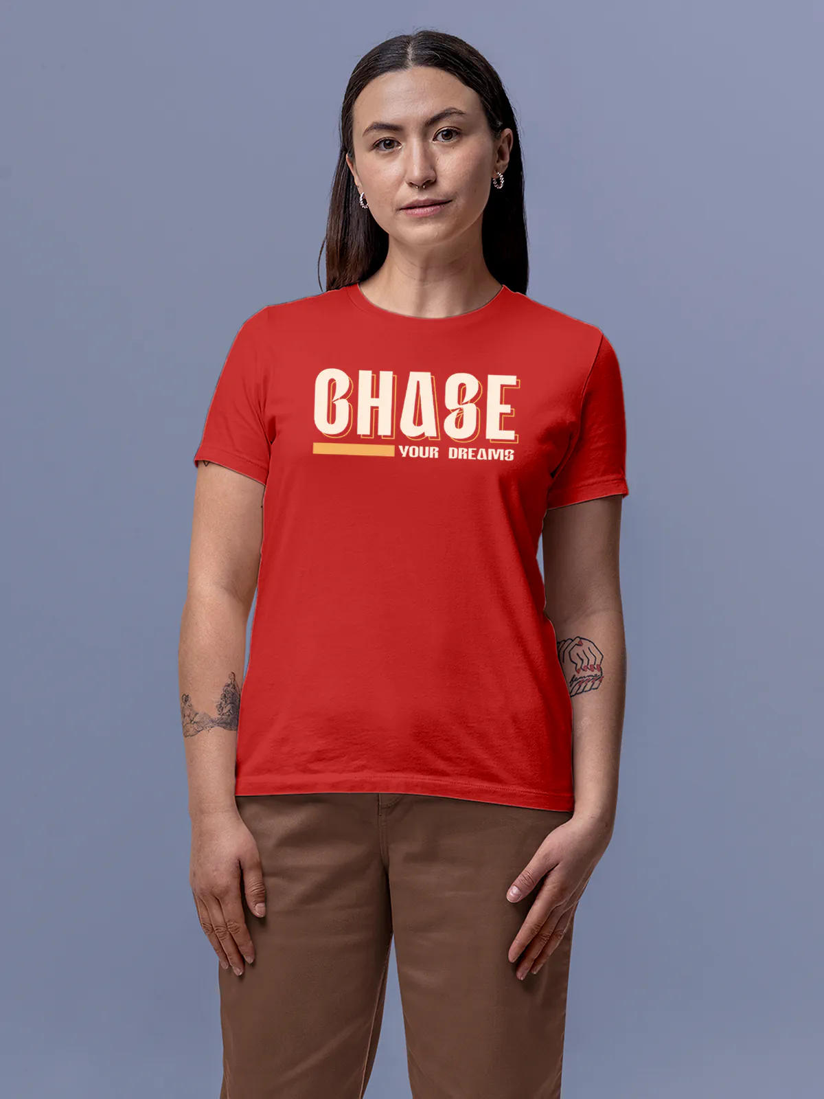 Front view of Fighterhero Women's Red Round Neck T-shirt, highlighting the 'broken chains' design on the chest.