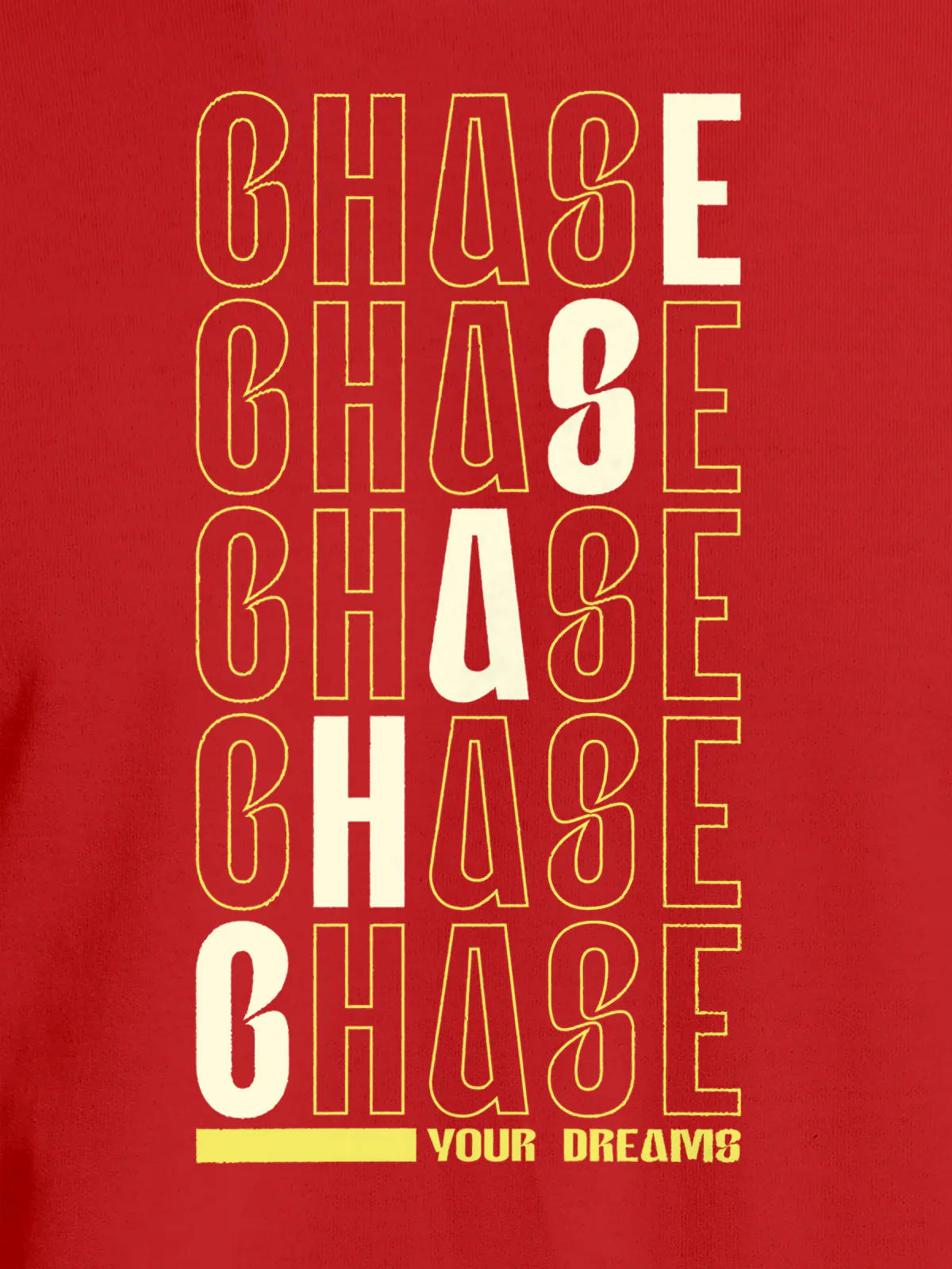 Close up of 'Chase Your Dreams' design on Women's Red Round Neck T-shirt, highlighting intricate details and vibrant print.
