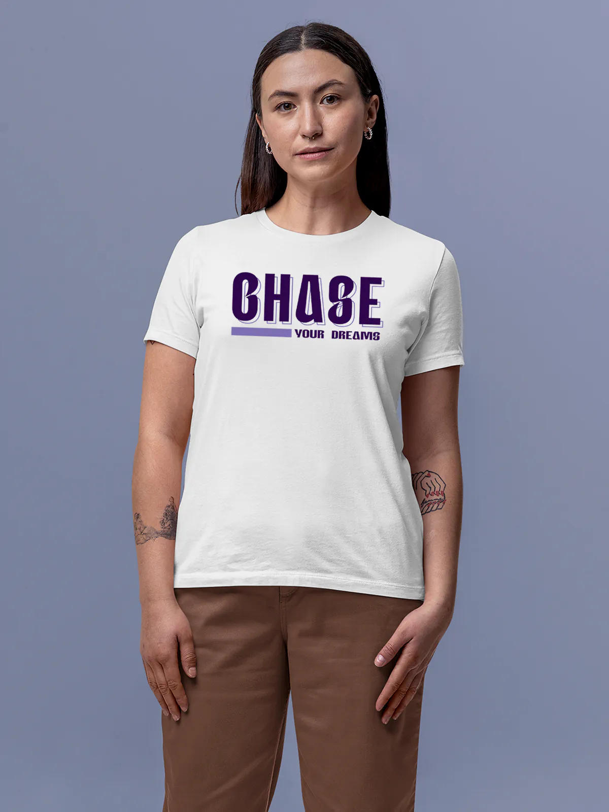 Front view of Fighterhero Women's White Round Neck T-shirt, highlighting the 'broken chains' design on the chest.