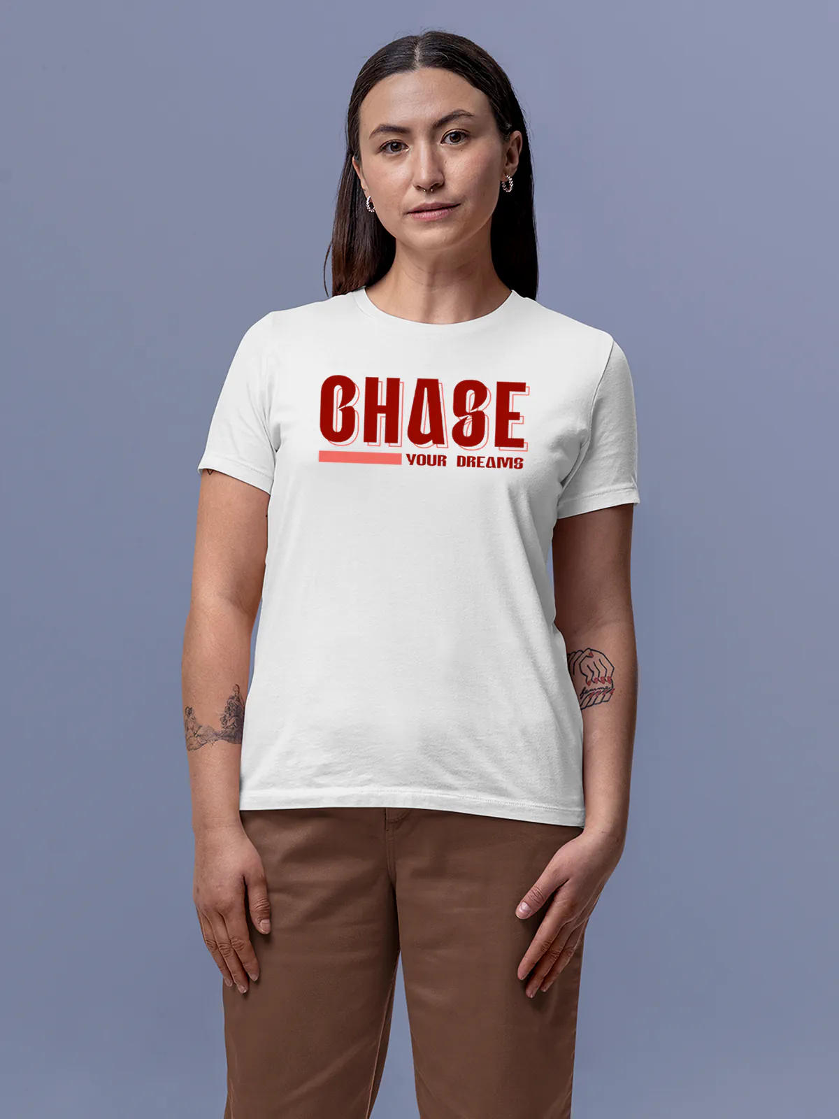 Front view of Fighterhero Women's White Round Neck T-shirt, highlighting the 'broken chains' design on the chest.