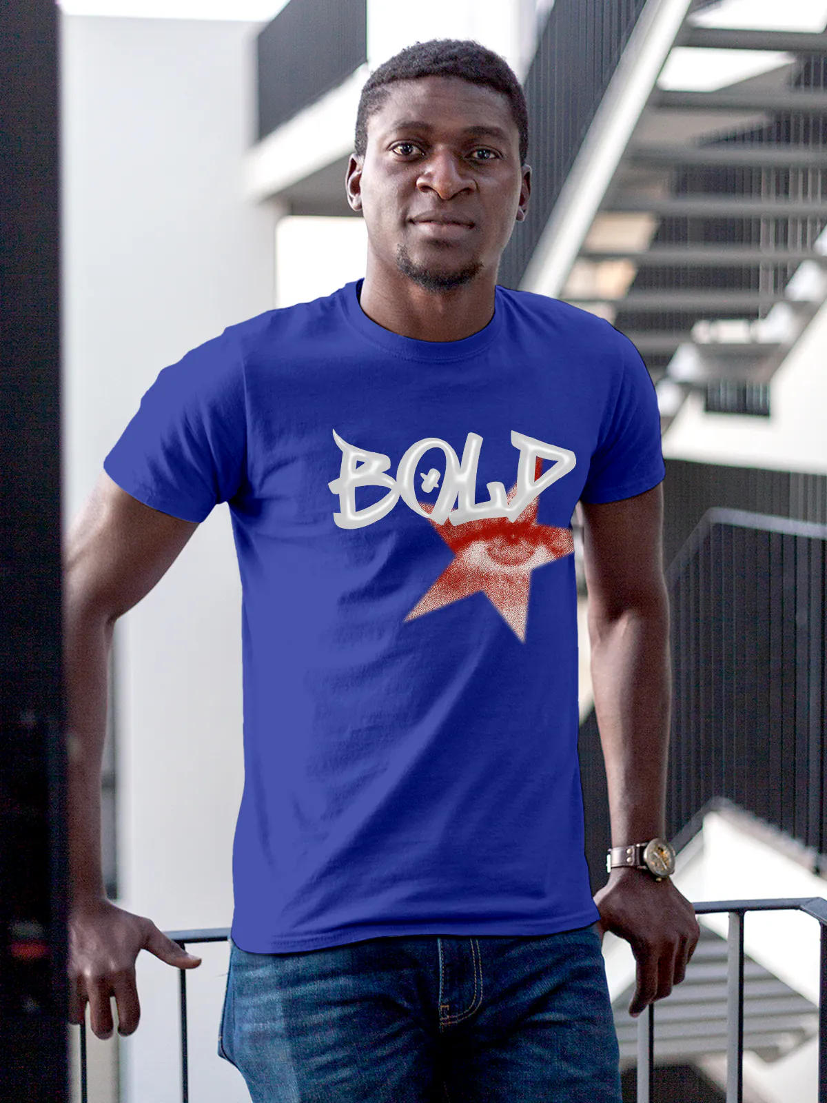 Model wearing Men's Blue Round Neck T-shirt with 'Bold' design, offering effortless style and premium comfort