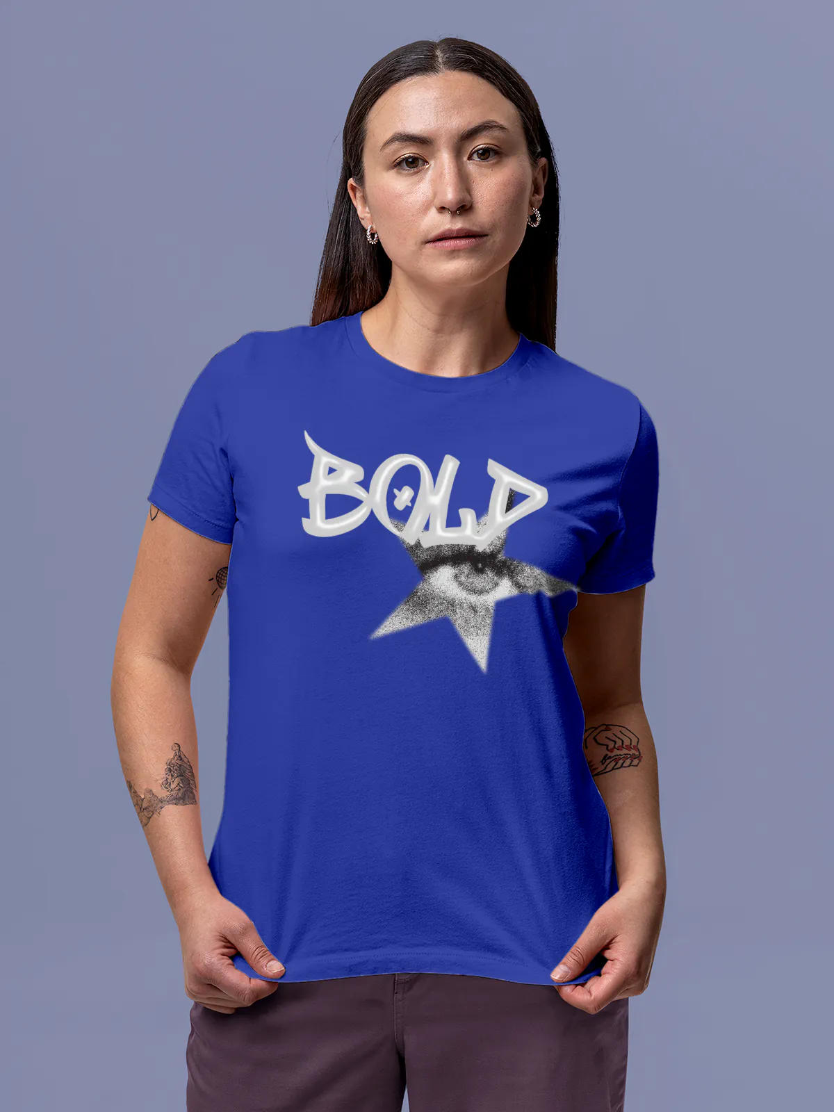 Model wearing Women's Blue Round Neck T-shirt with 'Bold' design, offering effortless style and premium comfort