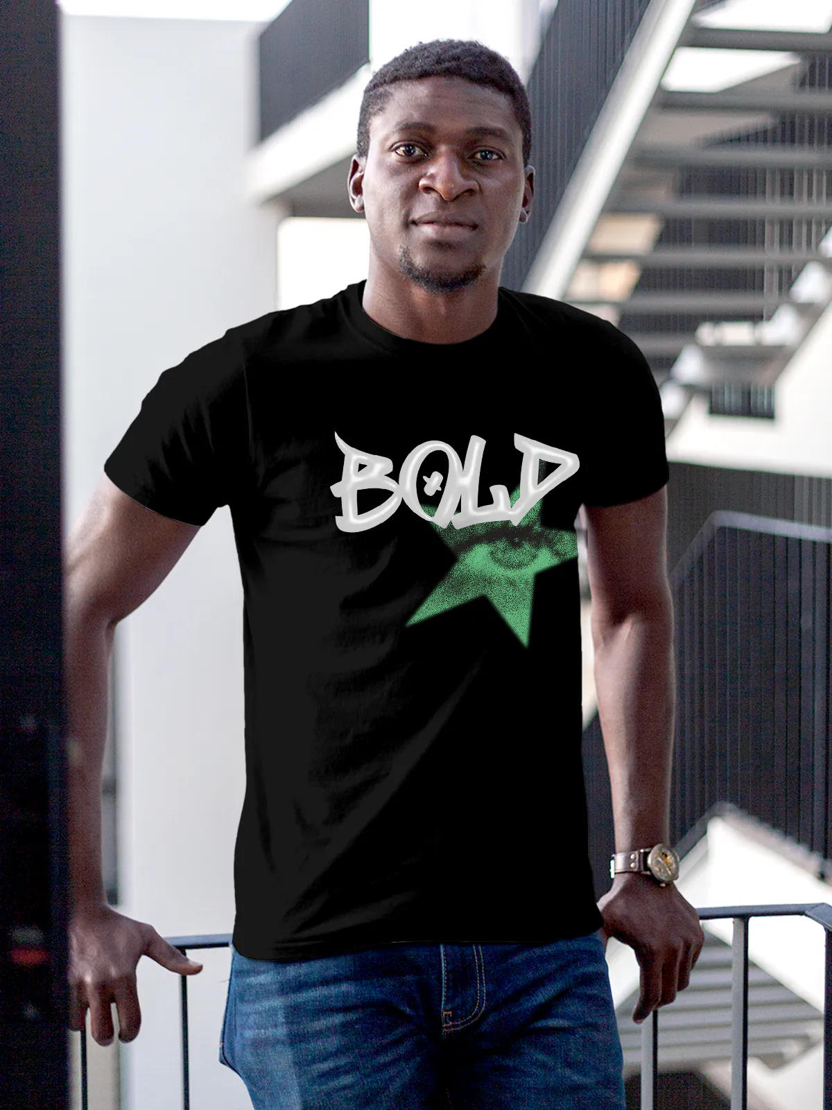 Model wearing Men's Black Round Neck T-shirt with 'Bold' design, offering effortless style and premium comfort