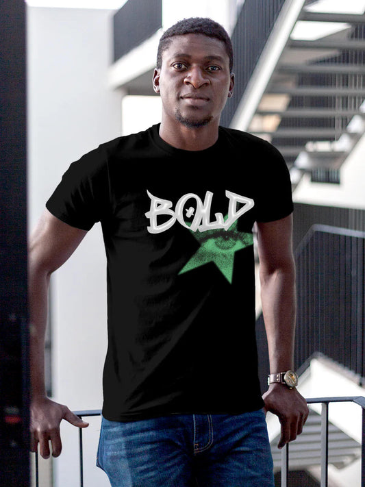 Model wearing Men's Black Round Neck T-shirt with 'Bold' design, offering effortless style and premium comfort