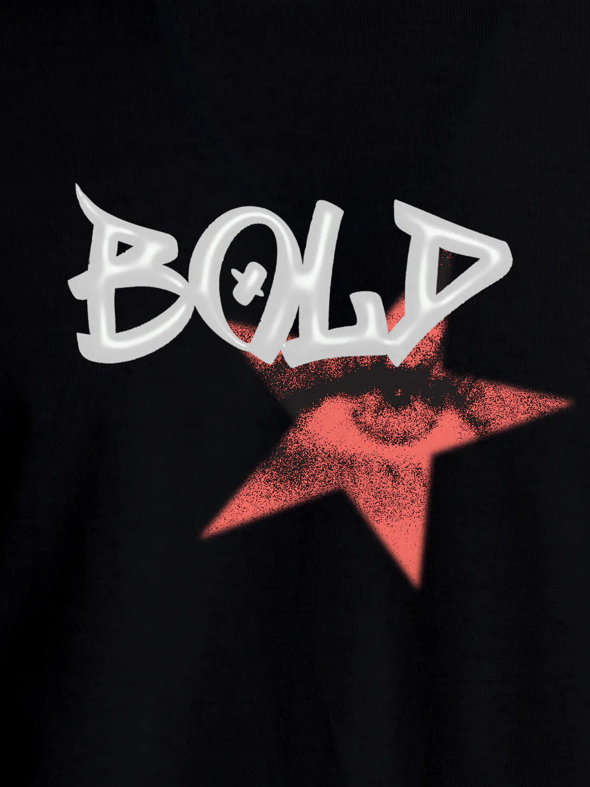 Close up of 'Bold' design on Men's Black Round Neck T-shirt, highlighting intricate details and vibrant print.