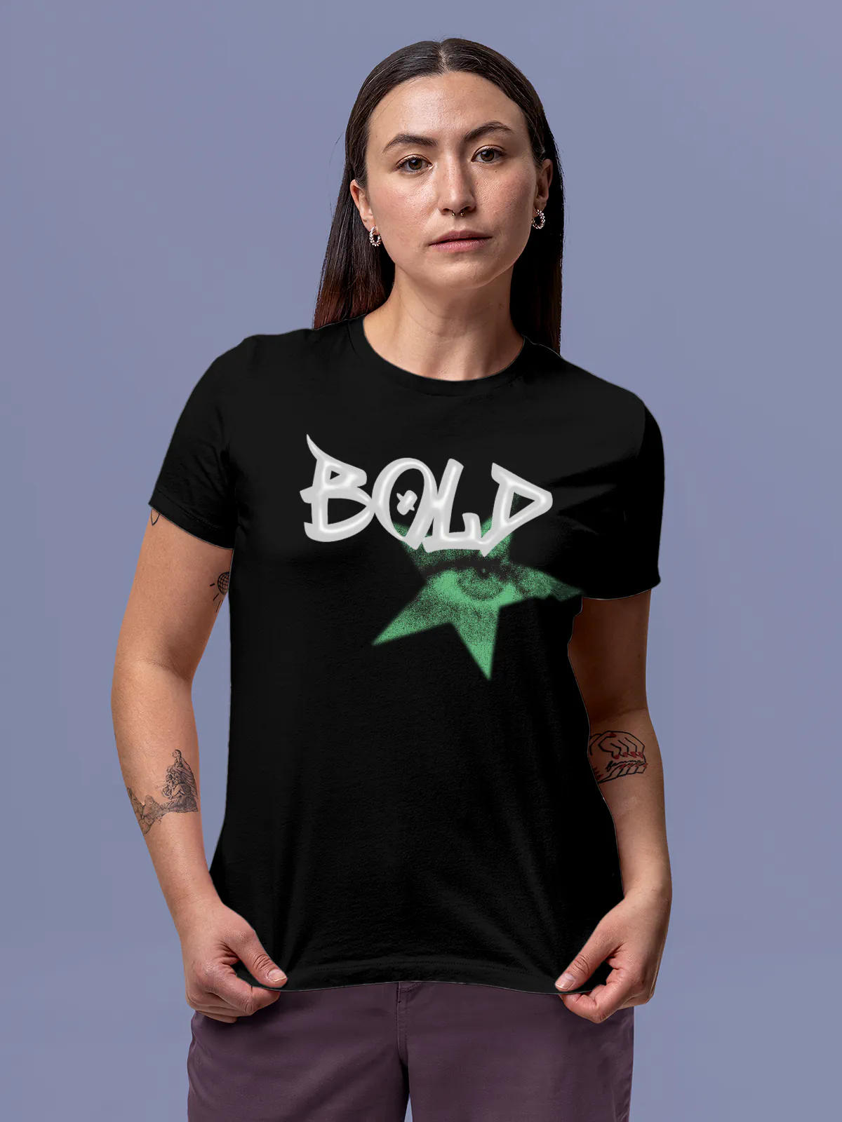 Model wearing Women's Black Round Neck T-shirt with 'Bold' design, offering effortless style and premium comfort
