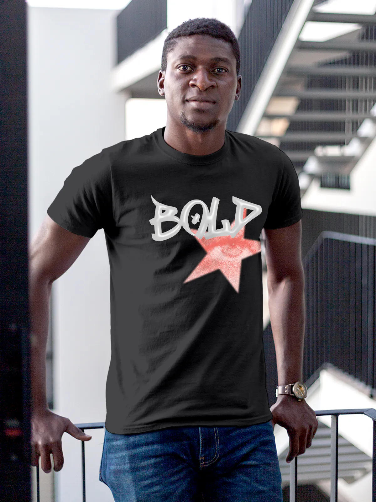 Model wearing Men's Dark Grey Round Neck T-shirt with 'Bold' design, offering effortless style and premium comfort