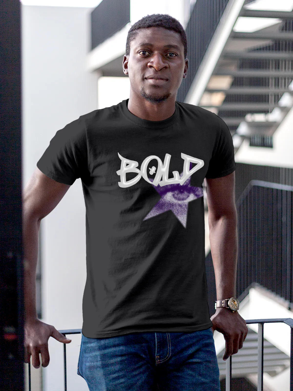 Model wearing Men's Dark Grey Round Neck T-shirt with 'Bold' design, offering effortless style and premium comfort