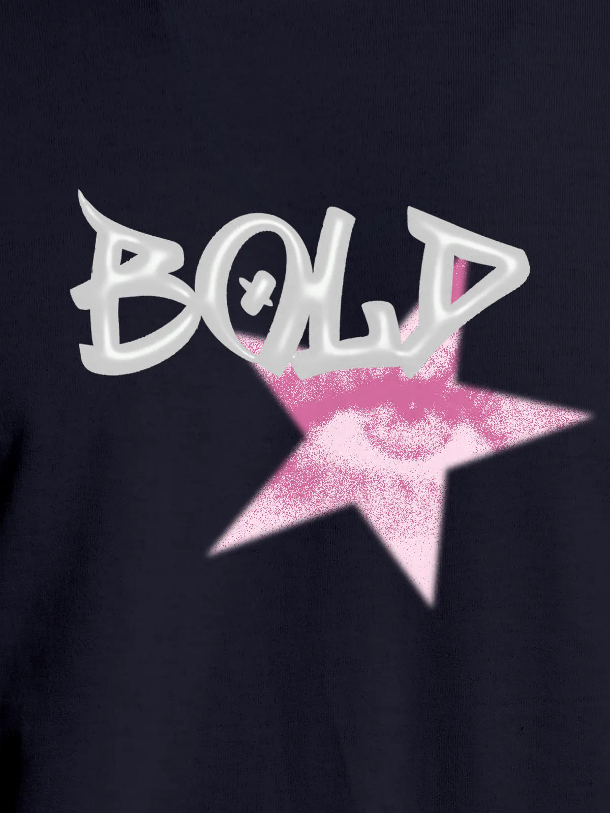 Close up of 'Bold' design on Men's Navy Blue Round Neck T-shirt, highlighting intricate details and vibrant print.