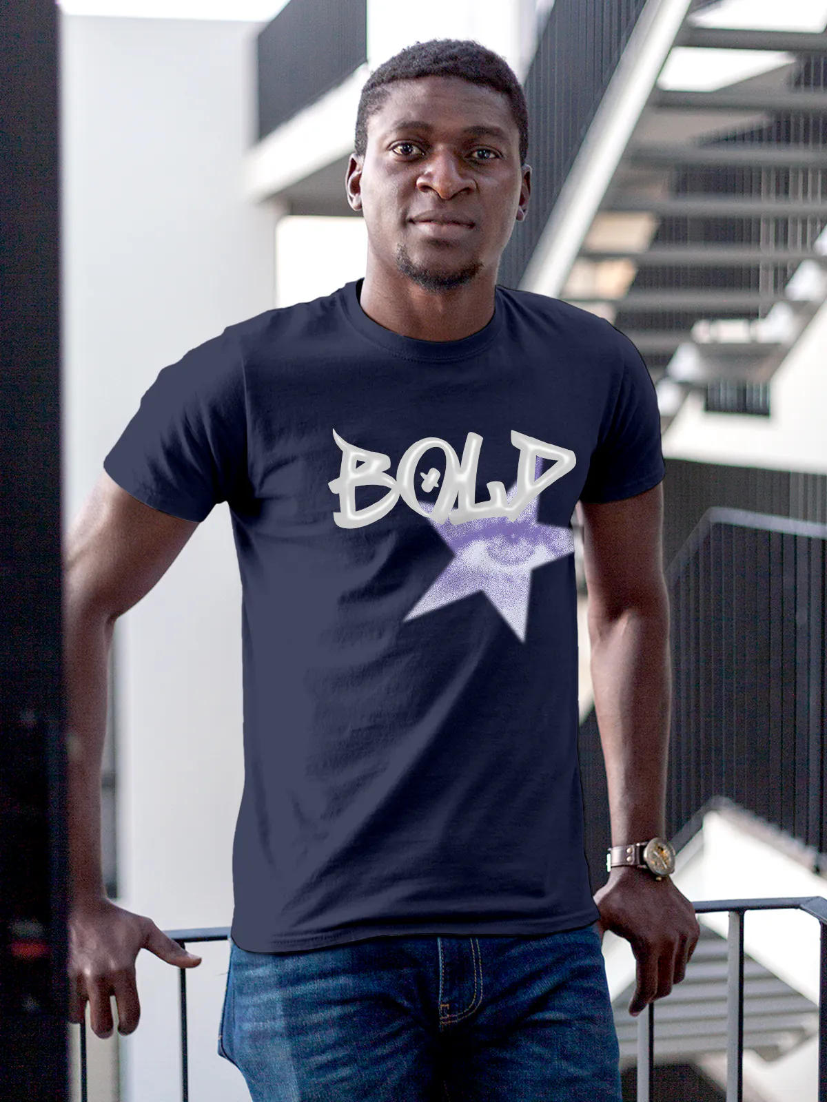 Model wearing Men's Navy Blue Round Neck T-shirt with 'Bold' design, offering effortless style and premium comfort