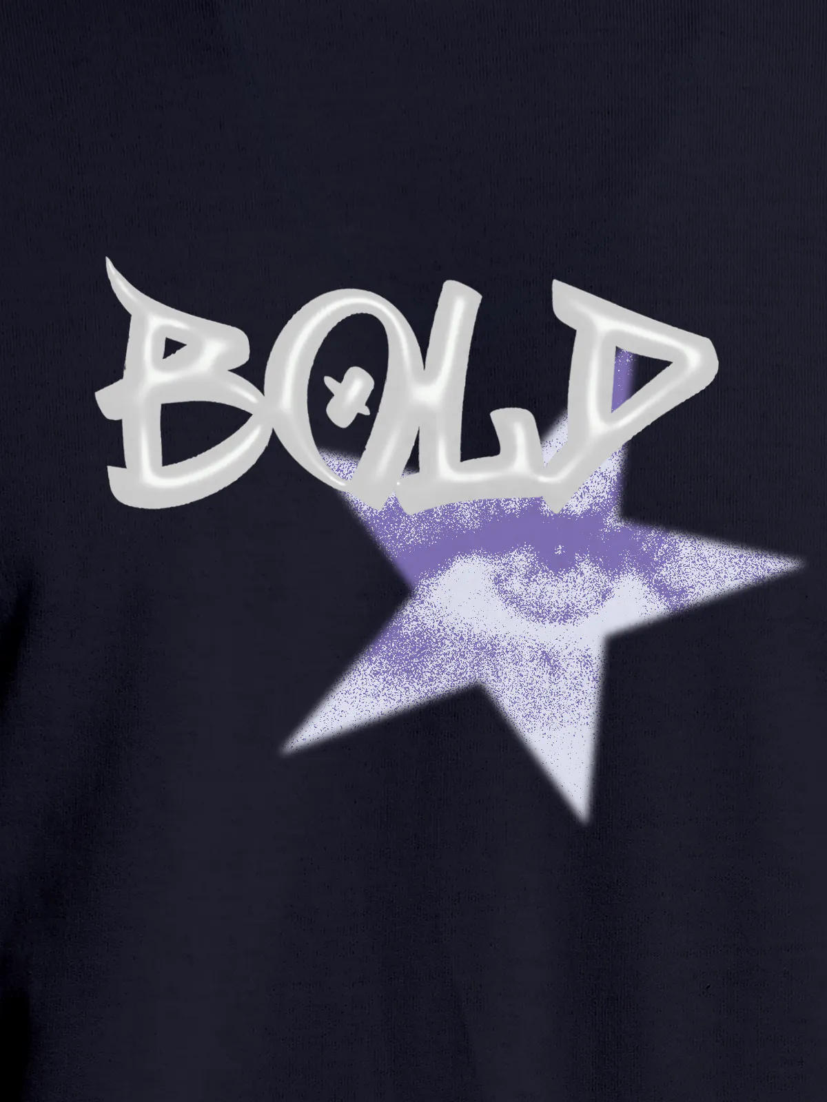 Close up of 'Bold' design on Men's Navy Blue Round Neck T-shirt, highlighting intricate details and vibrant print.