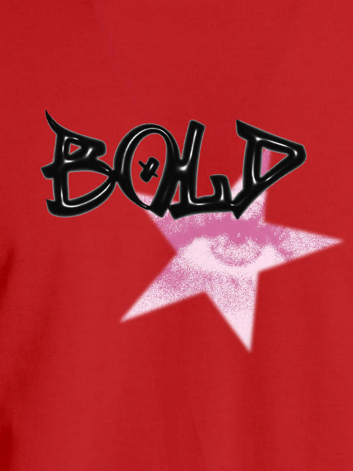Close up of 'Bold' design on Men's Red Round Neck T-shirt, highlighting intricate details and vibrant print.