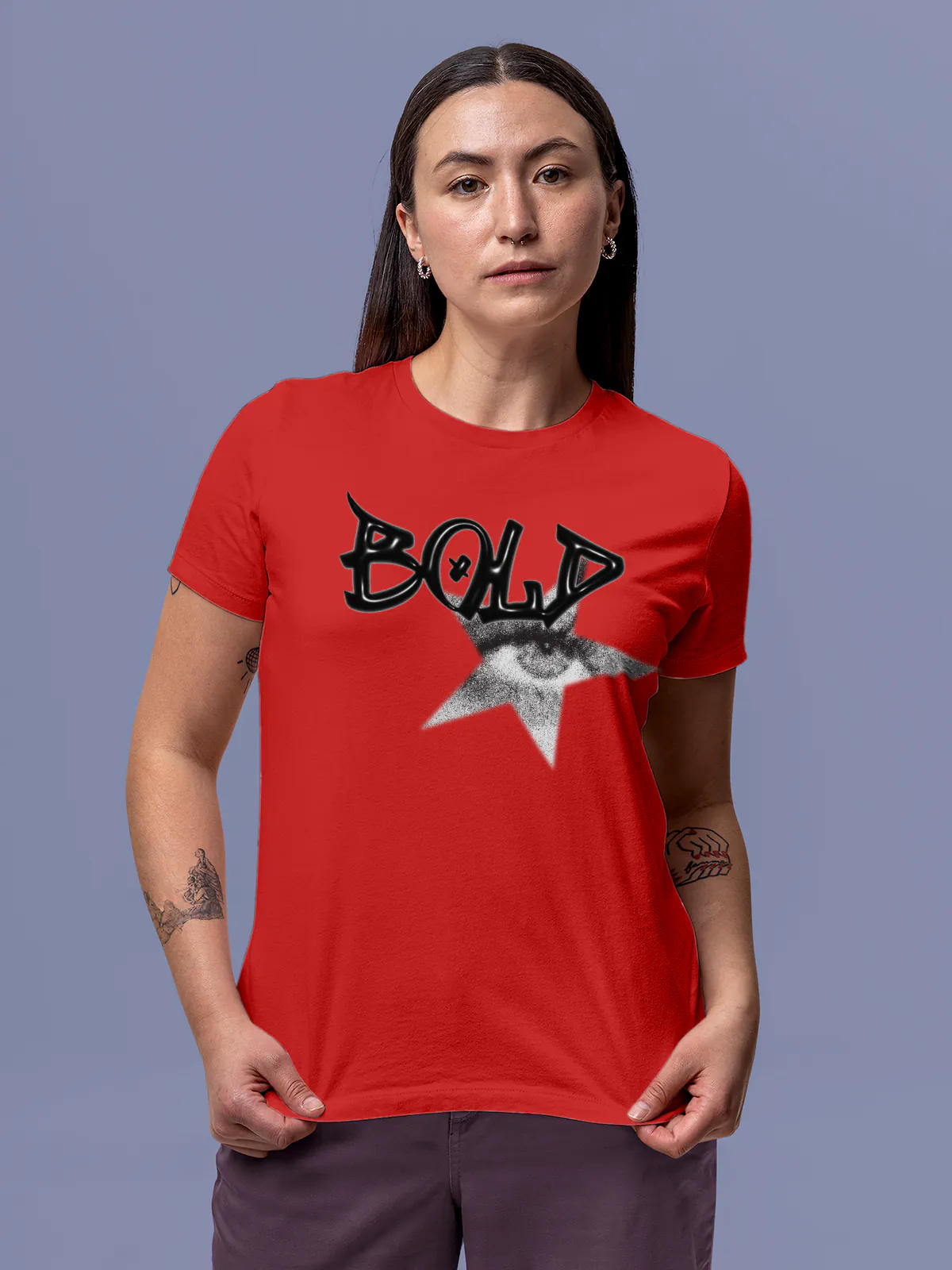 Model wearing Women's Red Round Neck T-shirt with 'Bold' design, offering effortless style and premium comfort