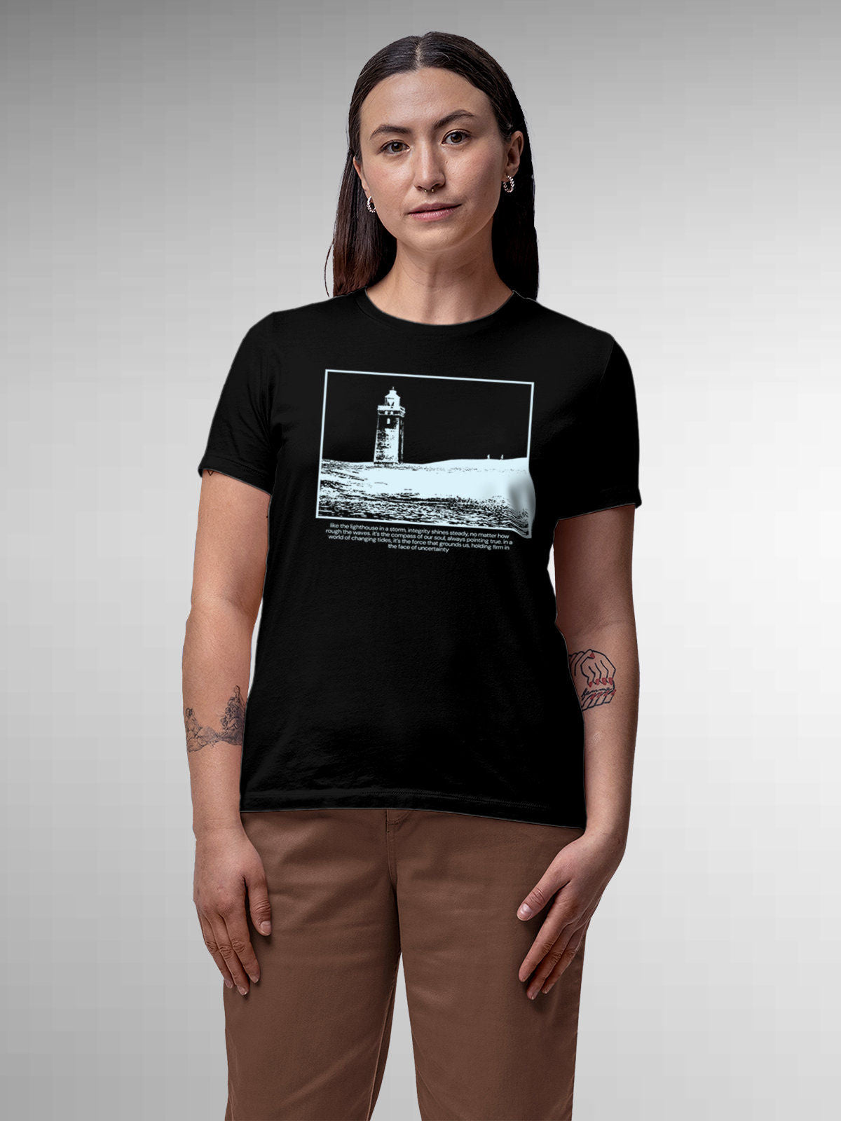 Model wearing Women's Black Round Neck T-shirt with 'Show The Way' design, offering effortless style and premium comfort
