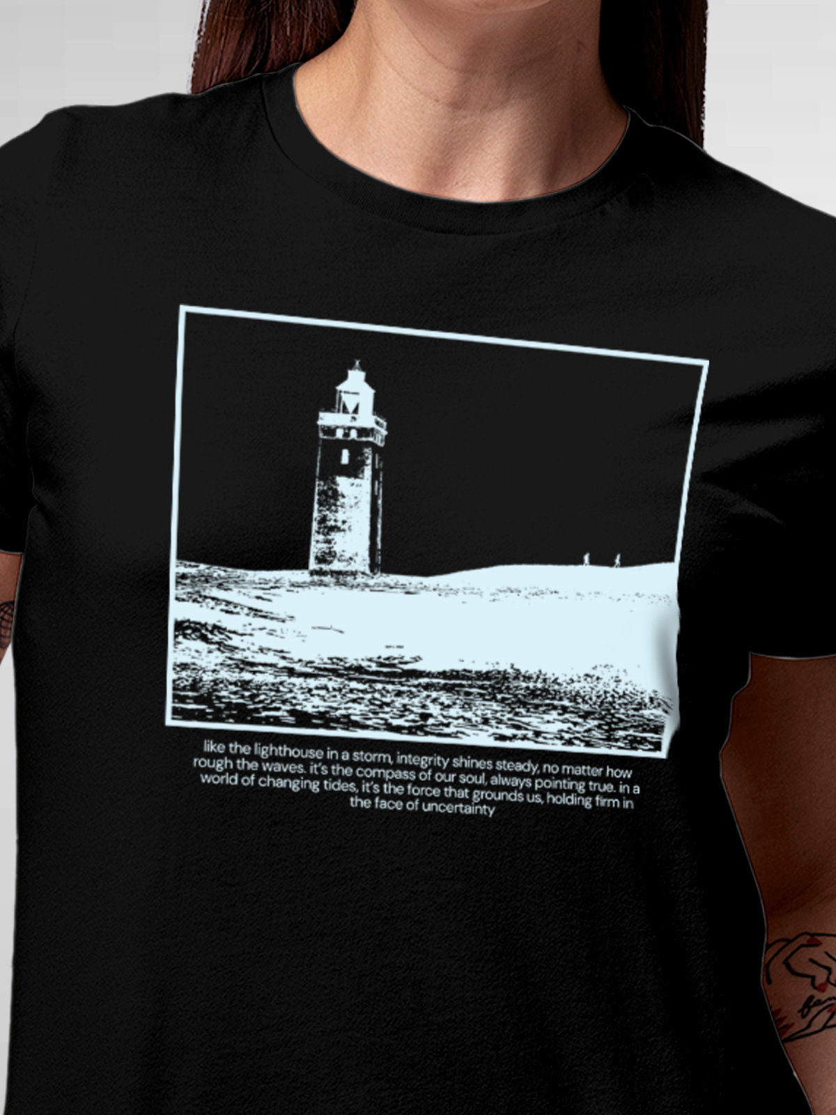Close up of 'Show The Way' design on Women's Black Round Neck T-shirt, highlighting intricate details and vibrant print.