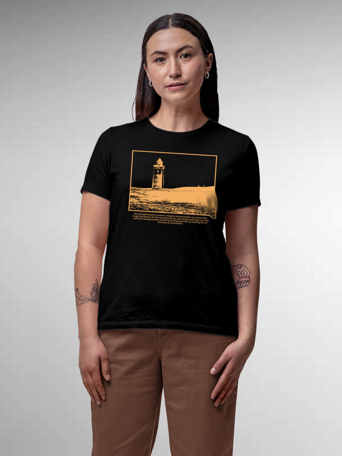Model wearing Women's Black Round Neck T-shirt with 'Show The Way' design, offering effortless style and premium comfort