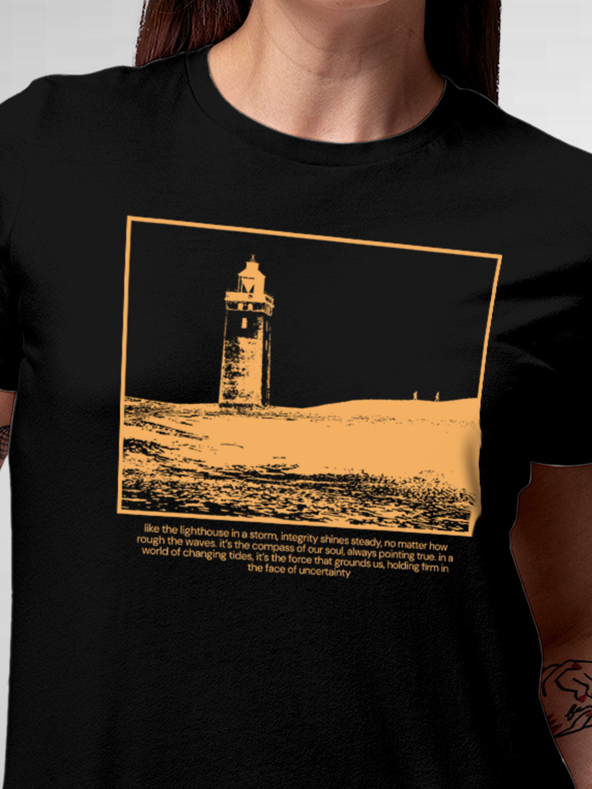 Close up of 'Show The Way' design on Women's Black Round Neck T-shirt, highlighting intricate details and vibrant print.