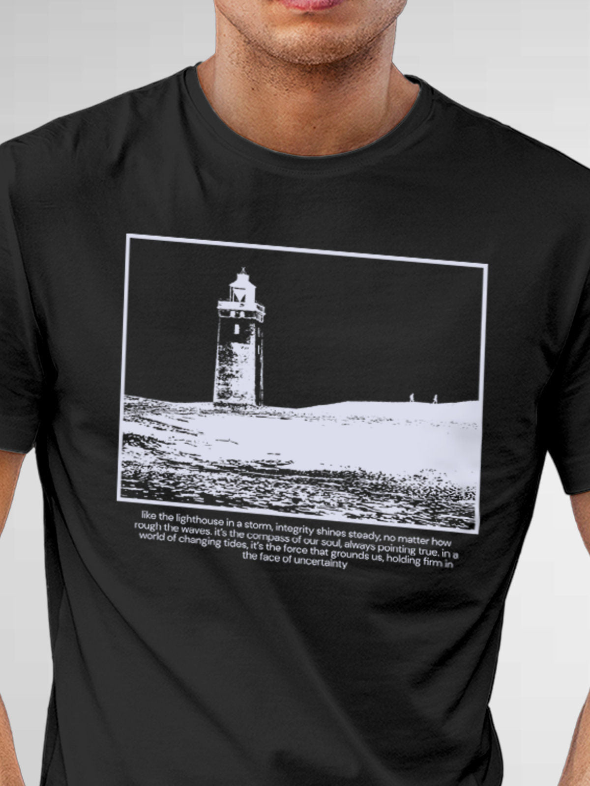 Close up of 'Show The Way' design on Men's Dark Grey Round Neck T-shirt, highlighting intricate details and vibrant print.
