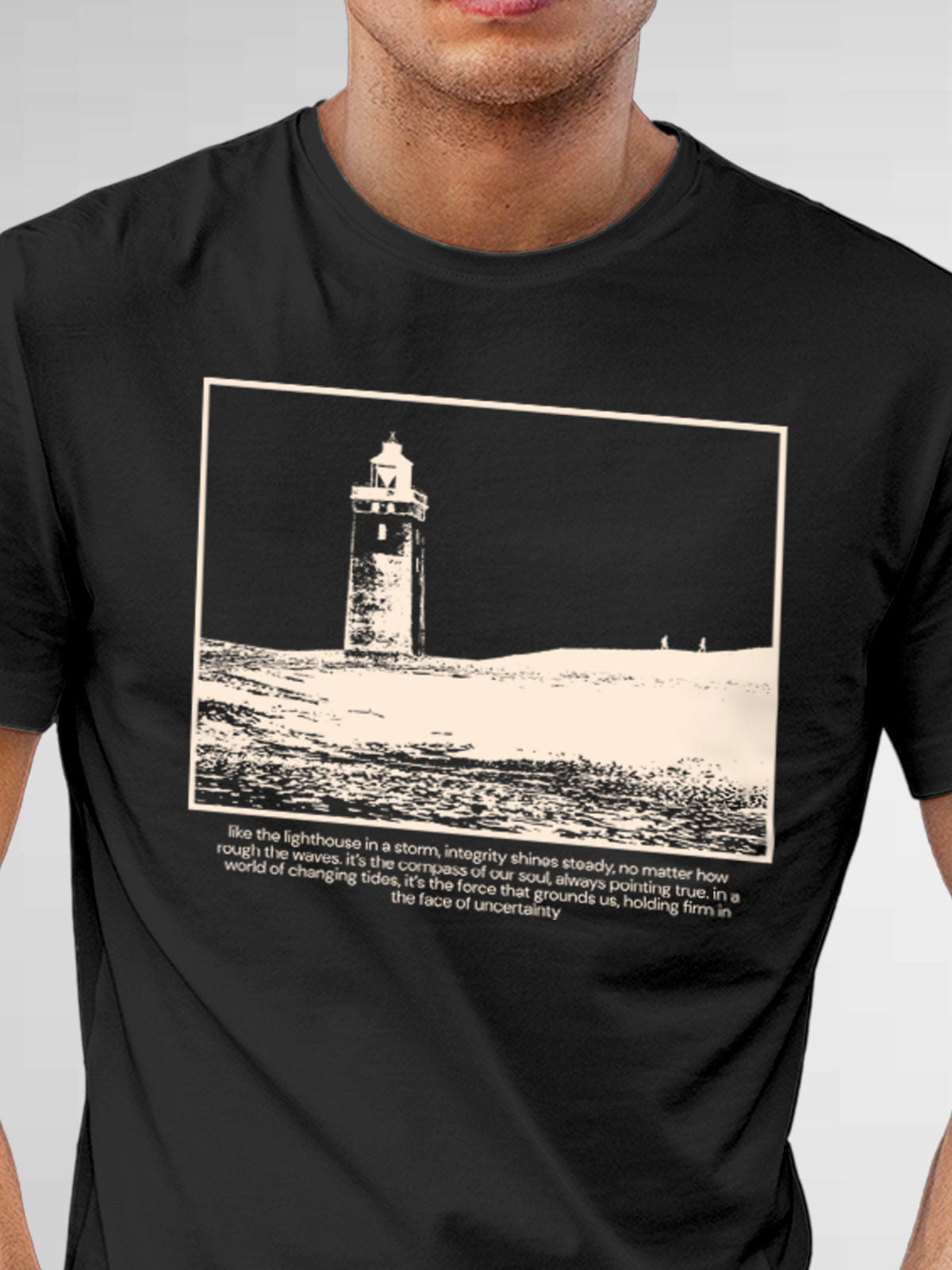 Close up of 'Show The Way' design on Men's Dark Grey Round Neck T-shirt, highlighting intricate details and vibrant print.
