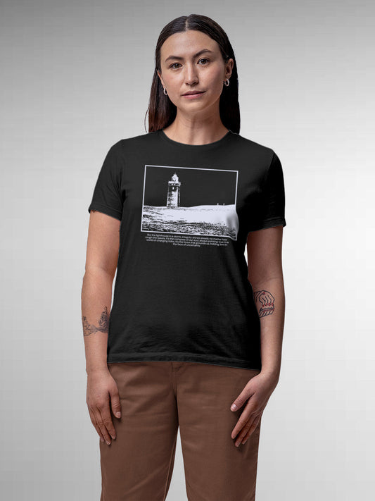 Model wearing Women's Dark Grey Round Neck T-shirt with 'Show The Way' design, offering effortless style and premium comfort
