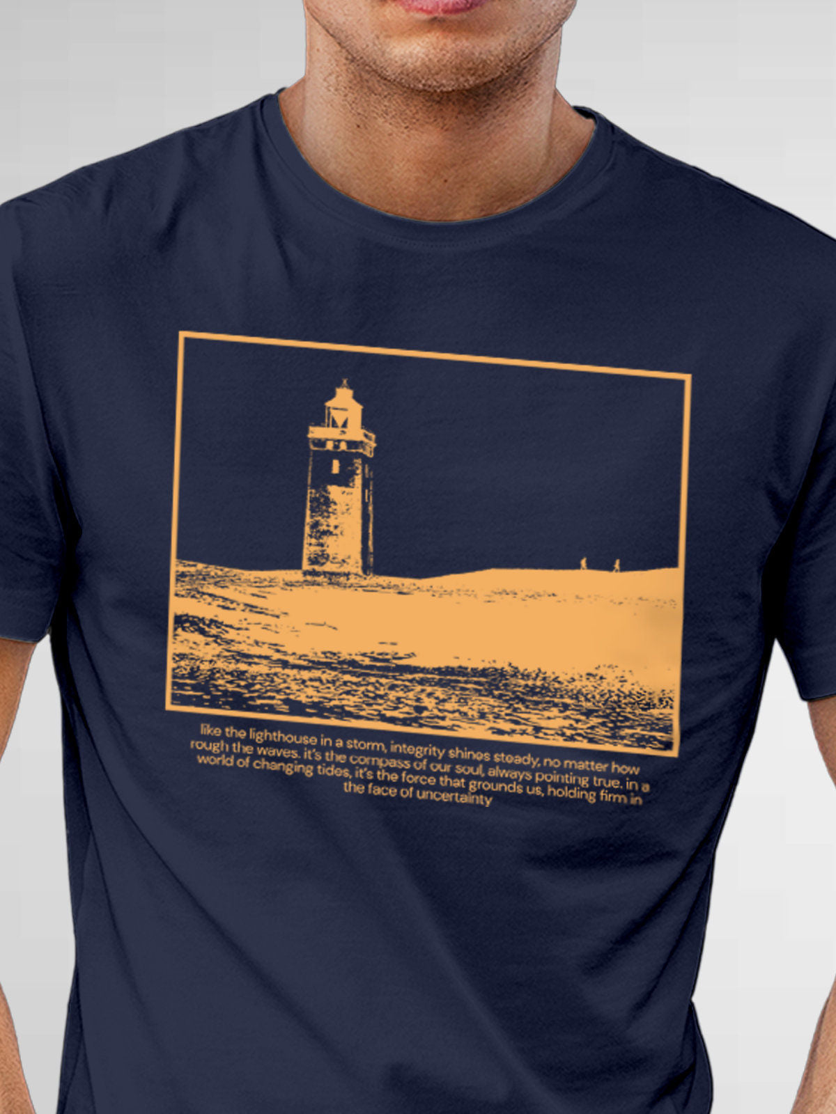 Close up of 'Show The Way' design on Men's Navy Blue Round Neck T-shirt, highlighting intricate details and vibrant print.