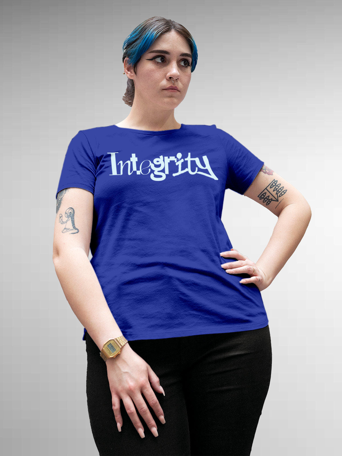 Model wearing Women's Blue Round Neck T-shirt with 'Integrity' design, offering effortless style and premium comfort