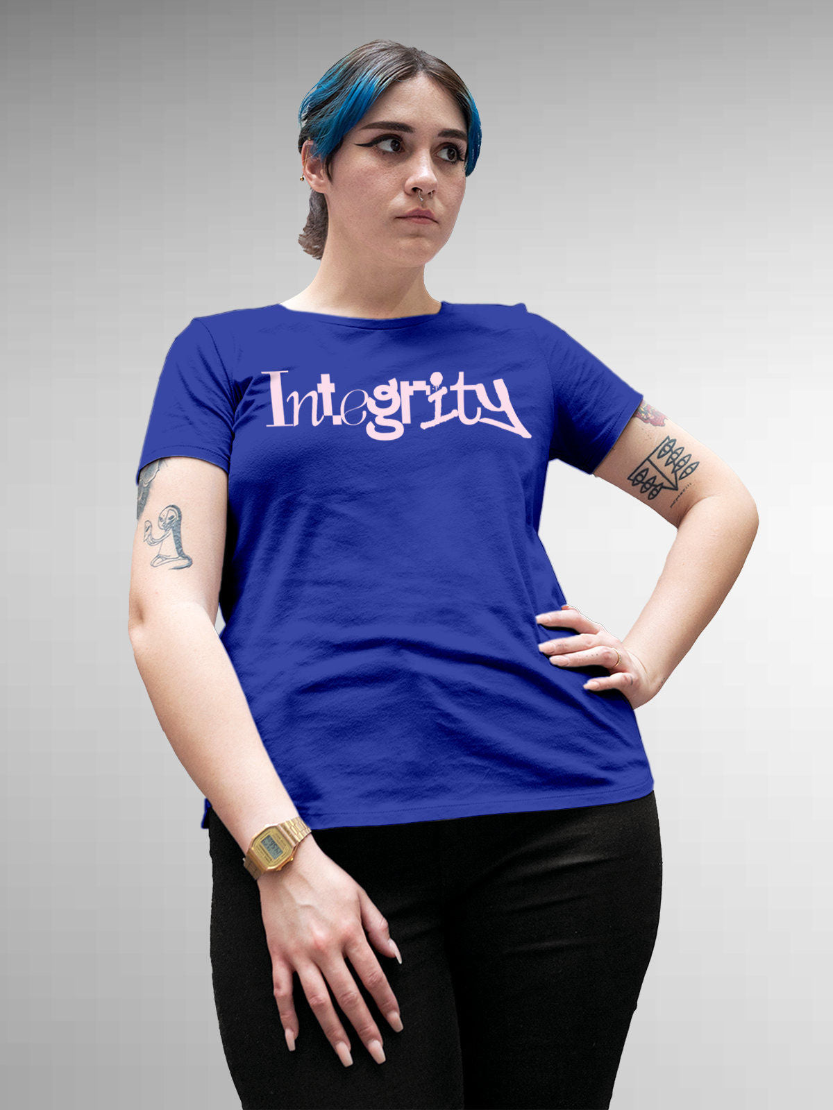 Model wearing Women's Blue Round Neck T-shirt with 'Integrity' design, offering effortless style and premium comfort