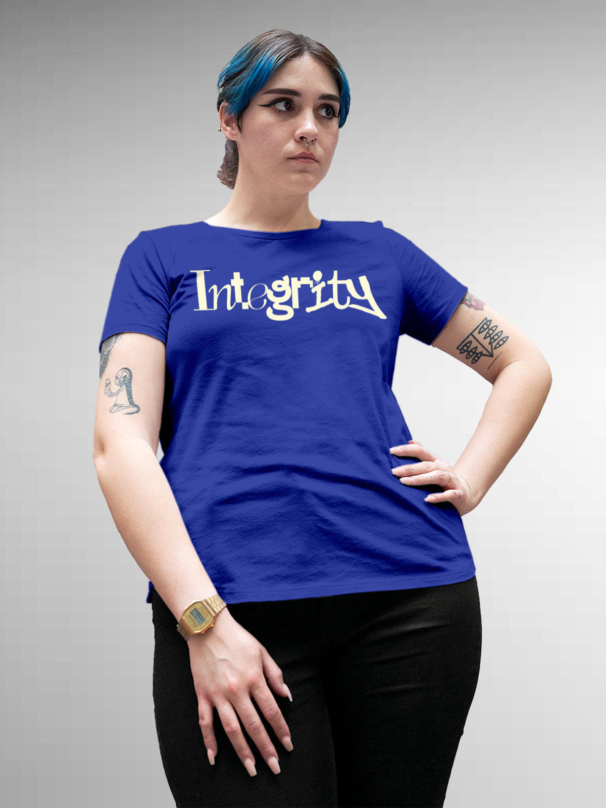 Model wearing Women's Blue Round Neck T-shirt with 'Integrity' design, offering effortless style and premium comfort