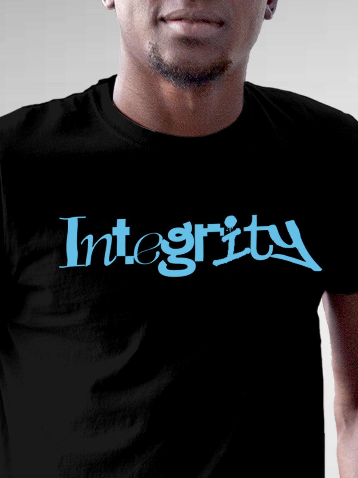 Close up of 'Integrity' design on Men's Black Round Neck T-shirt, highlighting intricate details and vibrant print.