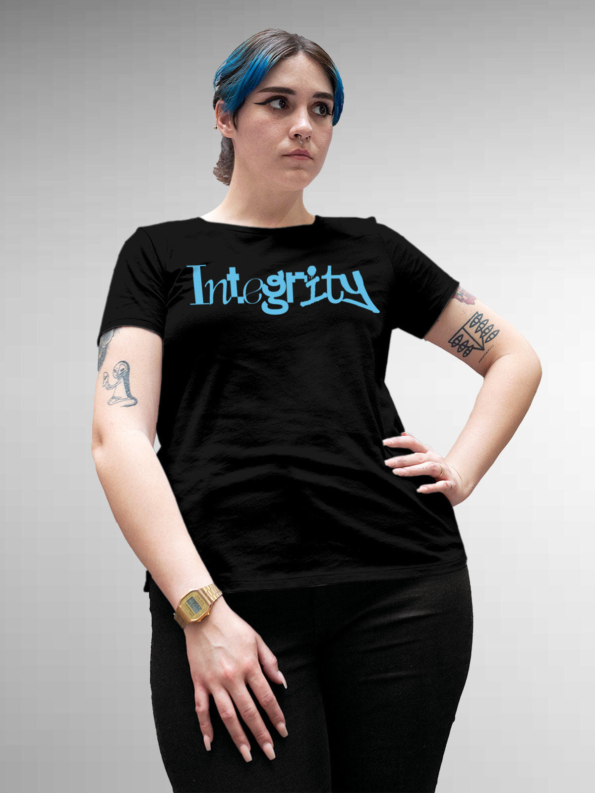 Model wearing Women's Black Round Neck T-shirt with 'Integrity' design, offering effortless style and premium comfort
